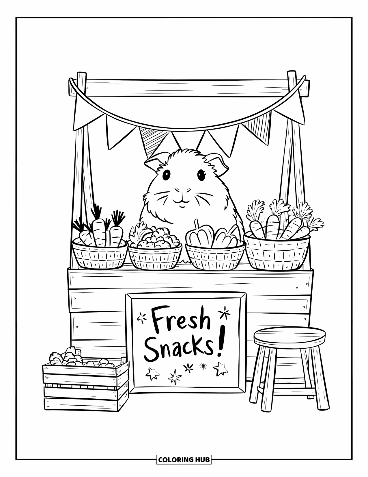 Desenho de Porquinho-da-Índia para Adultos: Porquinho-da-índia administra uma barraca de vegetais com cestas, um quadro-negro e estrelas cintilantes