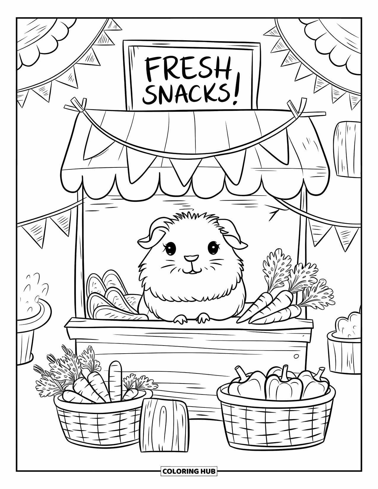 Desenho de Porquinho-da-Índia para Adultos: Porquinho-da-índia vende vegetais em uma barraca de madeira com brilhos e placas aconchegantes