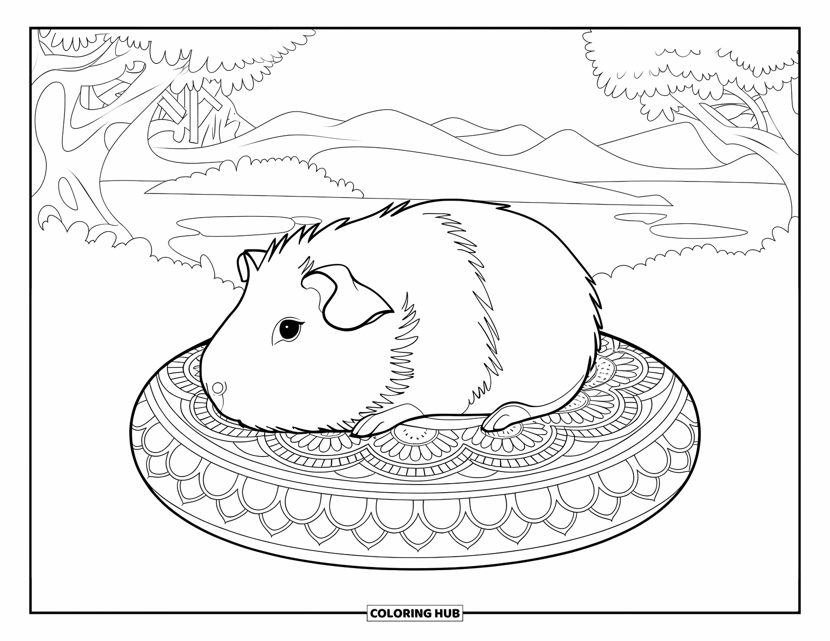 Desenho de Porquinho-da-Índia para Adultos: Porquinho-da-índia senta-se calmamente em uma almofada estampada com árvores e montanhas atrás