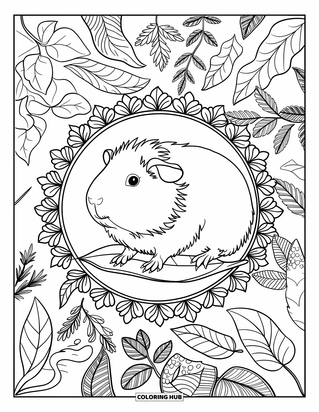 Desenho de Porquinho-da-Índia para Adultos: Porquinho-da-índia senta-se em uma folha cercado por ervas estampadas e formas florais