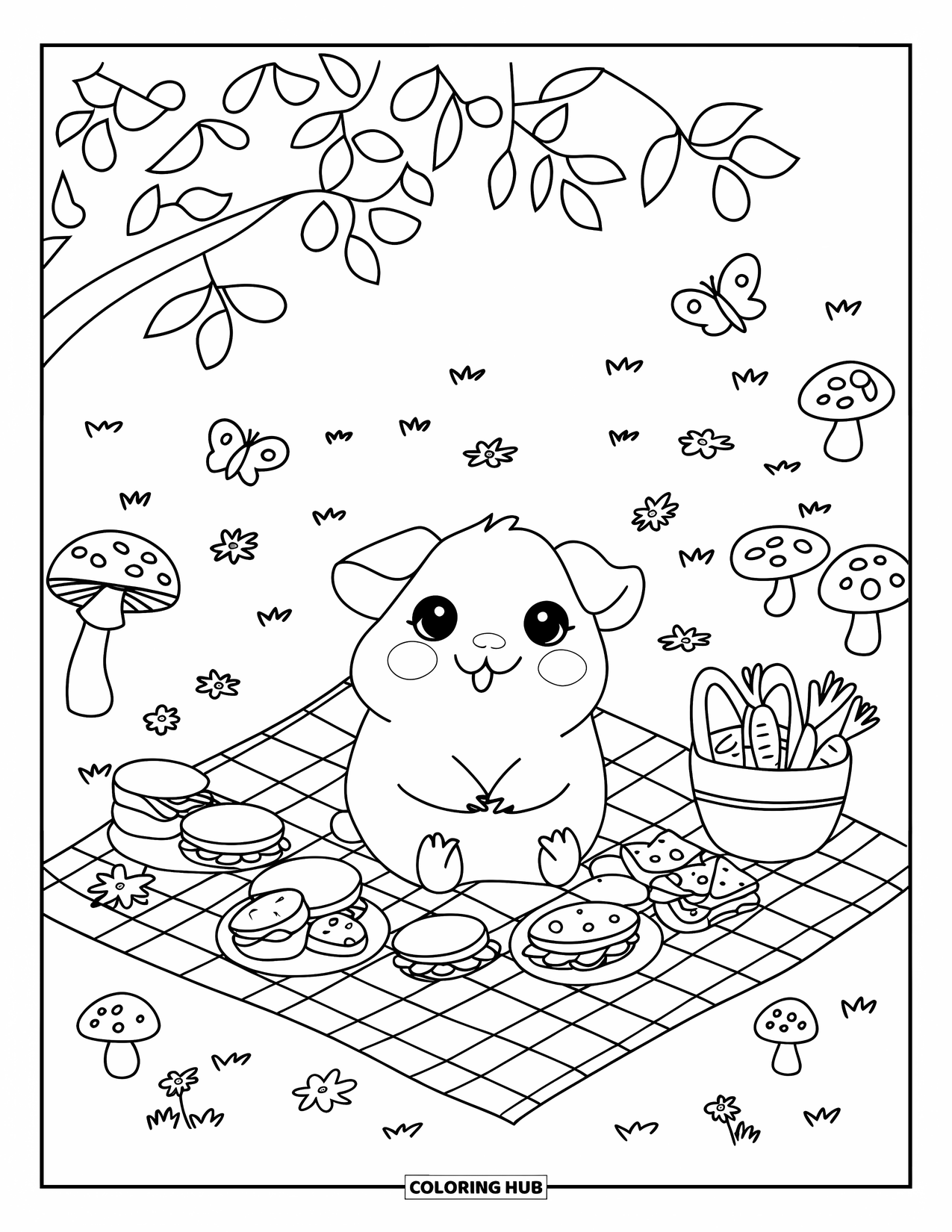 Desenho de Porquinho-da-Índia para Adultos: Porquinho-da-índia sentado em uma toalha de piquenique com sanduíches, frutas e vegetais