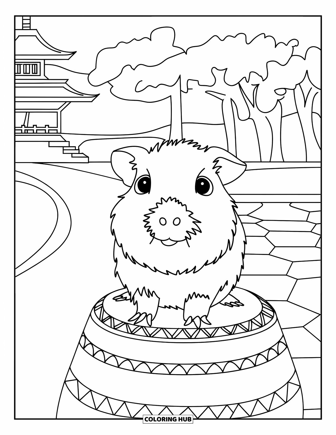 Desenho de Porquinho-da-Índia para Adultos: Porquinho-da-índia senta-se em um caminho de pedra perto de um pagode cercado por árvores