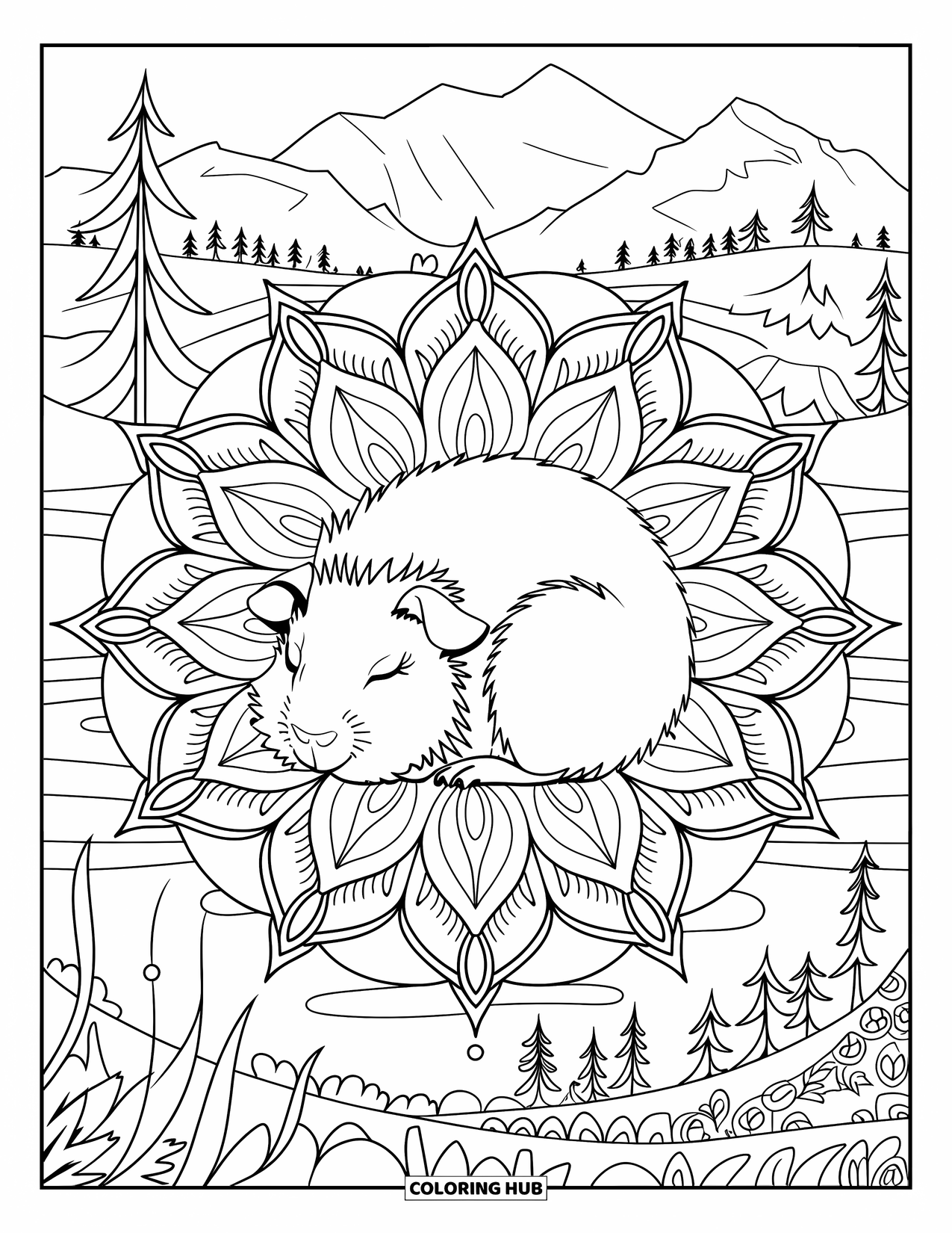 Desenho de Porquinho-da-Índia para Adultos: Porquinho-da-índia dorme em uma mandala floral com montanhas e árvores atrás
