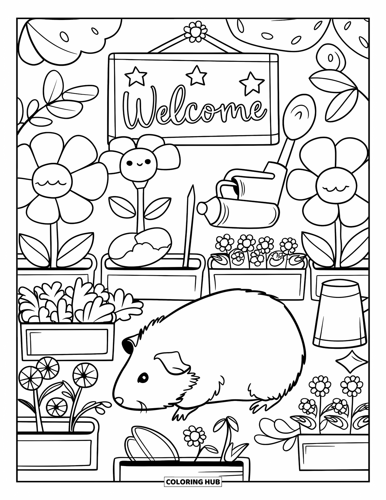 Desenho de Porquinho-da-Índia para Adultos: Porquinho-da-índia cheira flores e vegetais em um pequeno jardim aconchegante com vasos etiquetados