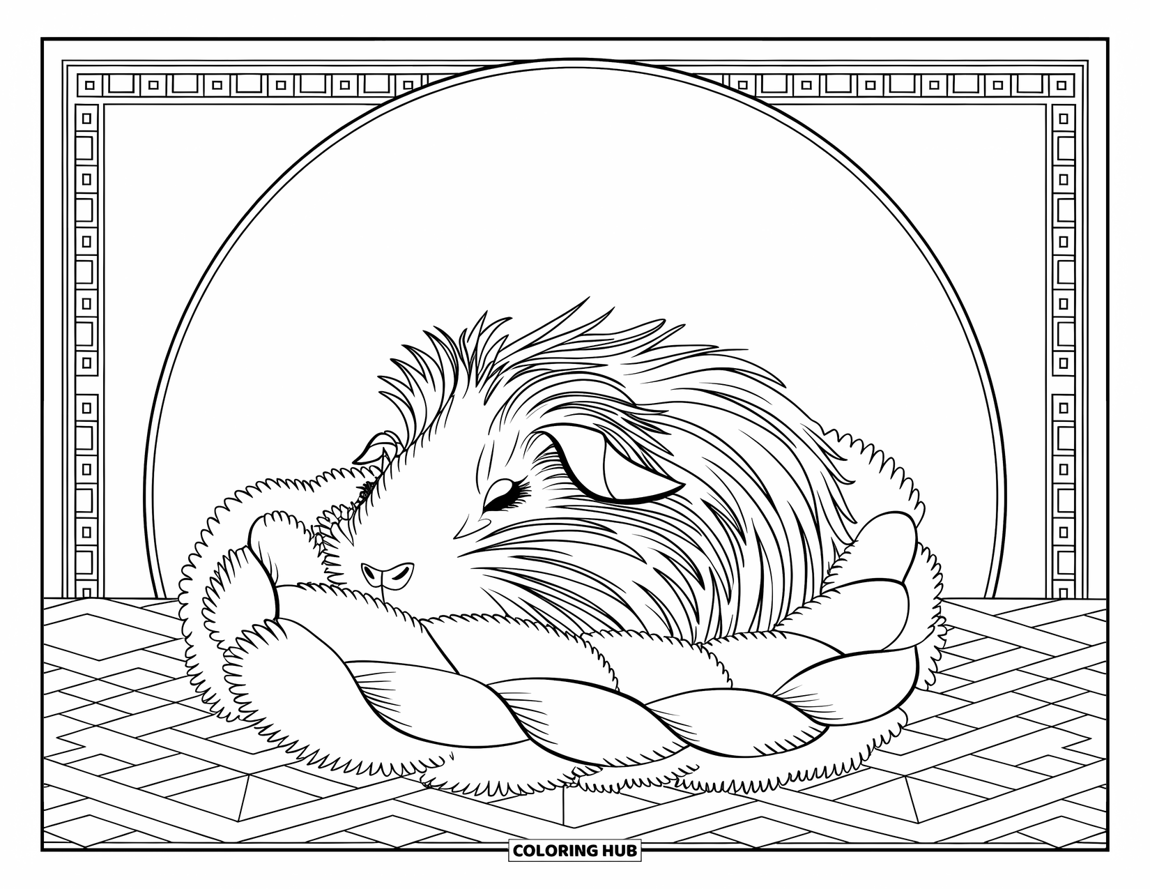 Desenho de Porquinho-da-Índia para Adultos: Porquinho-da-índia se aconchega em lã macia cercado por formas e bordas estampadas