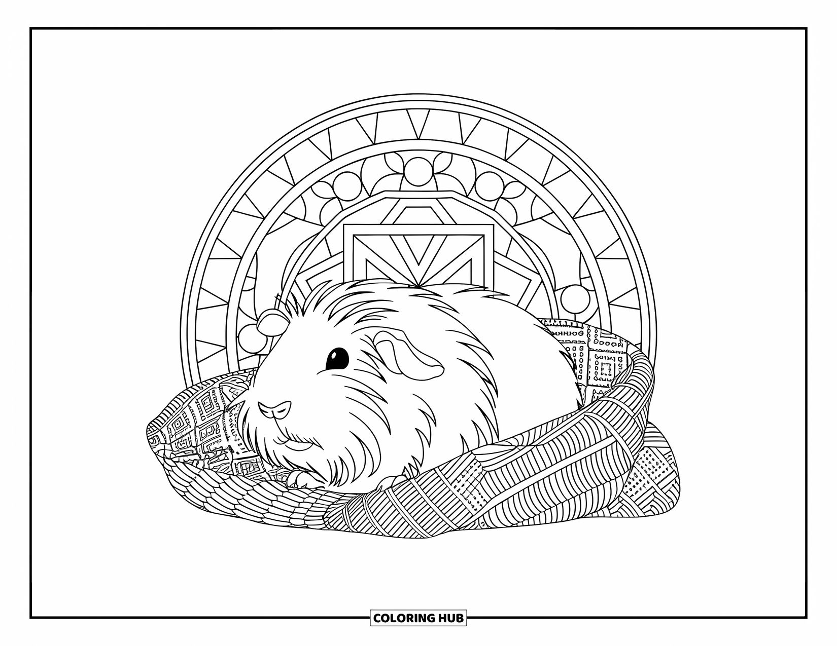 Desenho de Porquinho-da-Índia para Adultos: Porquinho-da-índia com olhos fechados descansa em lã cercado por triângulos, círculos e quadrados