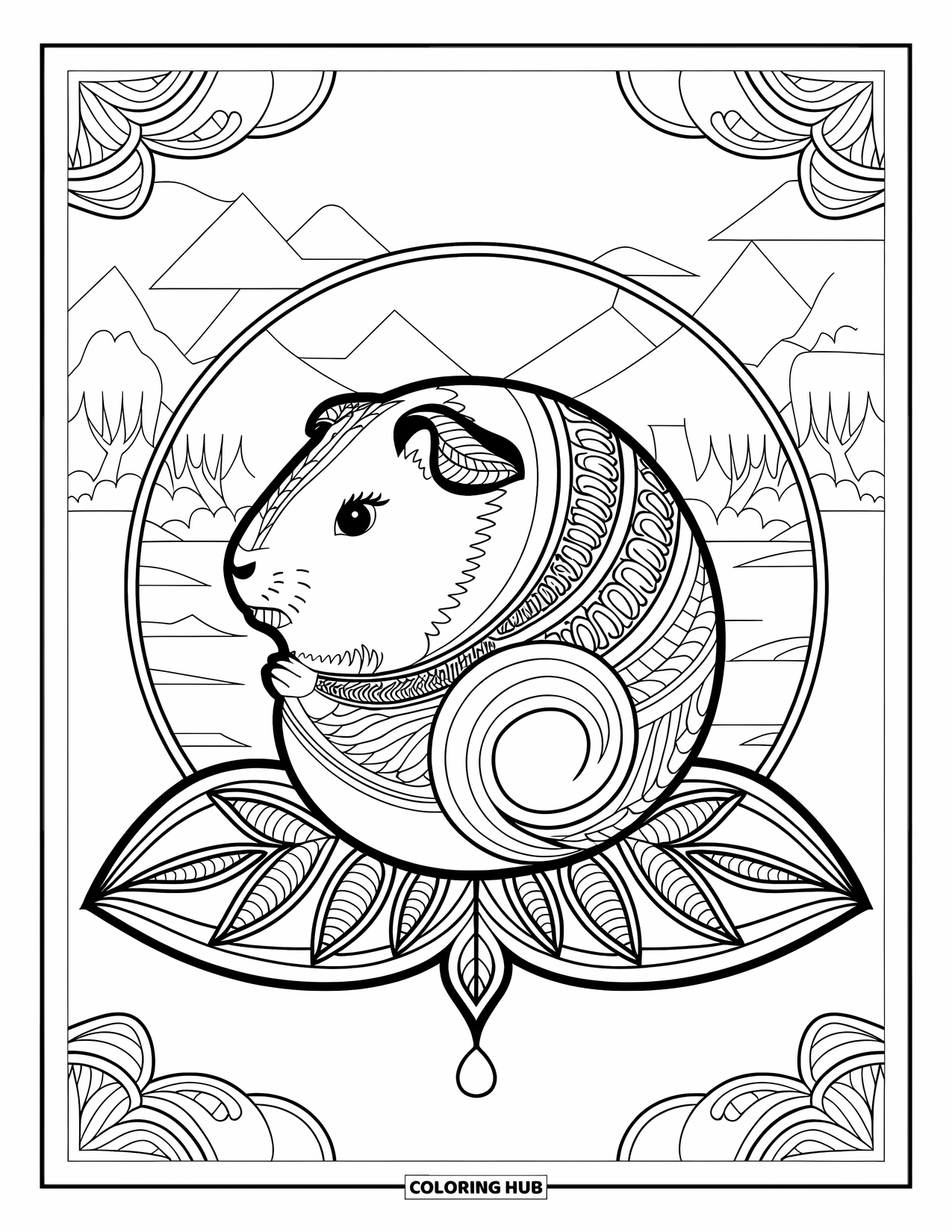 Desenho de Porquinho-da-Índia para Adultos: Porquinho-da-índia com pelo estampado senta-se em uma folha cercado por cenas de natureza pacífica