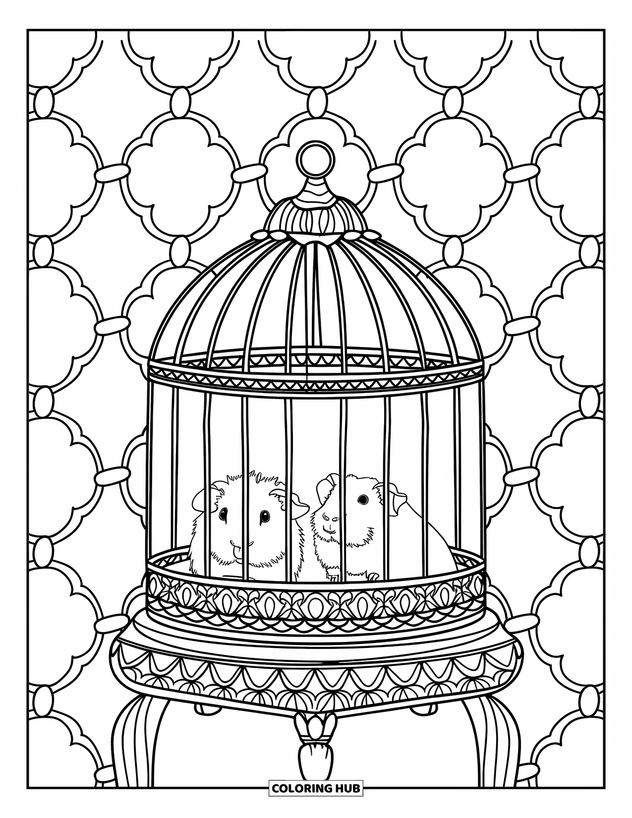 Desenho de Porquinho-da-Índia para Adultos: Porquinhos-da-índia em uma gaiola chique descansam acima de um piso de padrões circulares