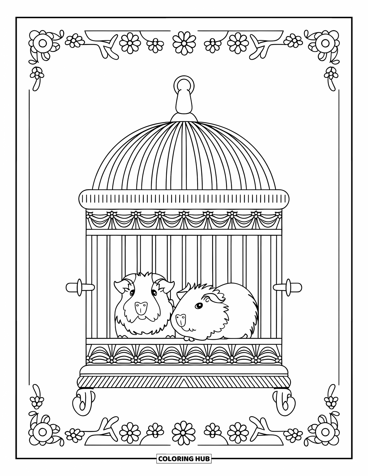 Desenho de Porquinho-da-Índia para Adultos: Par de porquinhos-da-índia descansam em uma gaiola estampada em estilo vitoriano com bordas florais
