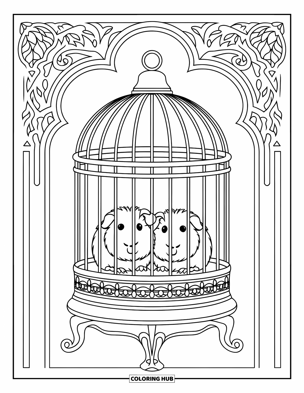 Desenho de Porquinho-da-Índia para Adultos: Dois porquinhos-da-índia sentam-se em uma gaiola vitoriana ornamentada em um suporte de madeira