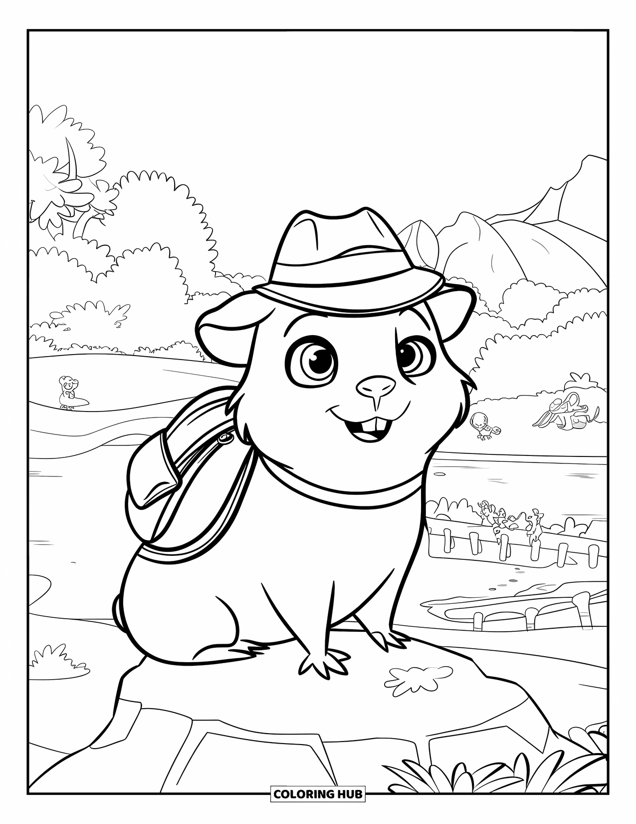 Desenho de Porquinho-da-Índia para Crianças: Porquinho-da-índia aventureiro com um chapéu explora uma floresta perto da água