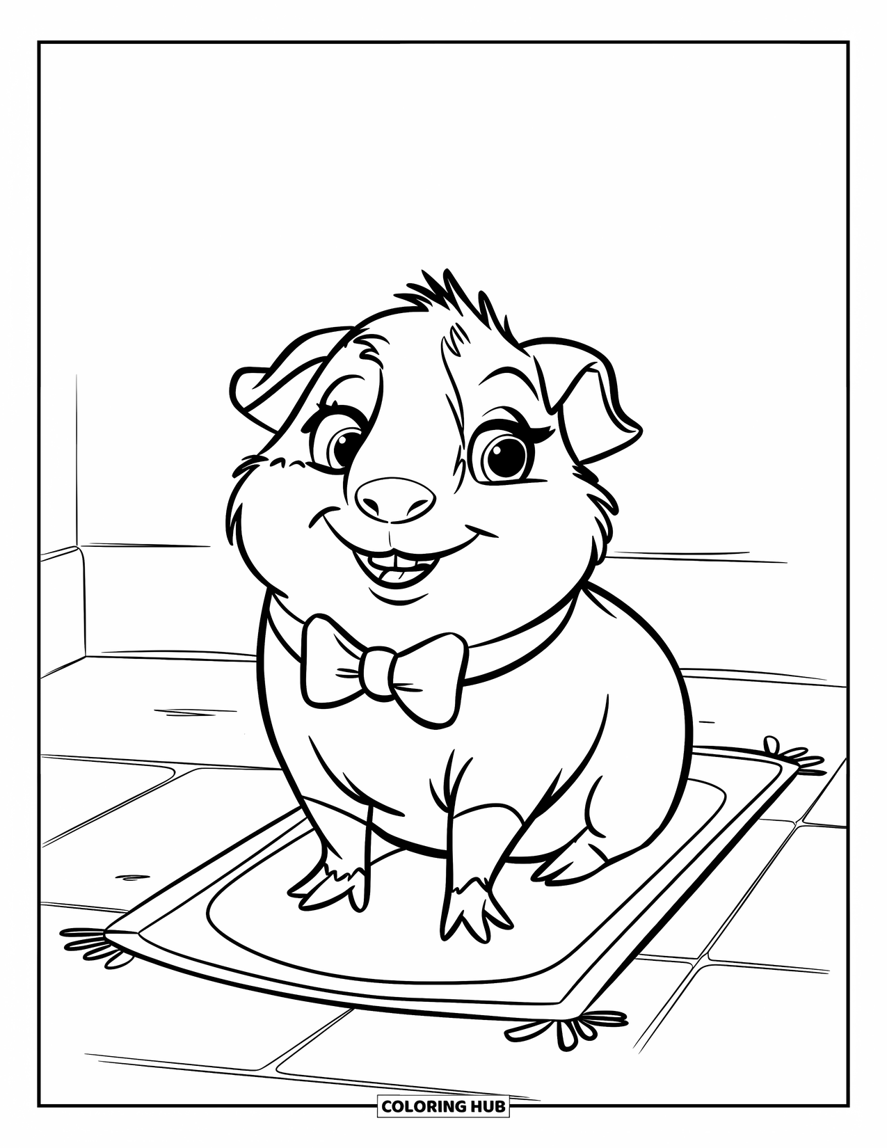 Desenho de Porquinho-da-Índia para Crianças: Porquinho-da-índia alegre com uma gravata borboleta senta-se ordenadamente em um tapete com um fundo limpo