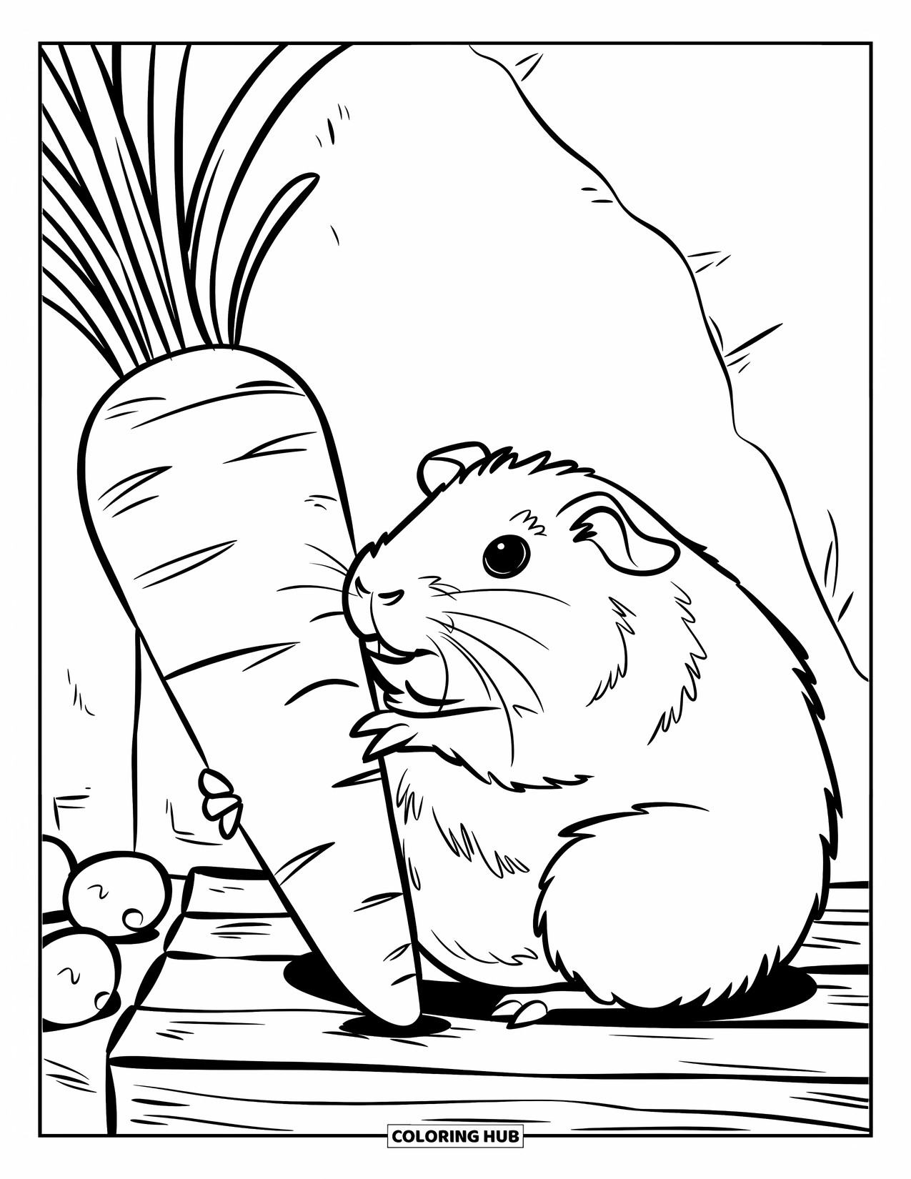 Desenho de Porquinho-da-Índia para Crianças: Porquinho-da-índia gordinho senta-se com uma cenoura gigante e algumas frutas redondas por perto