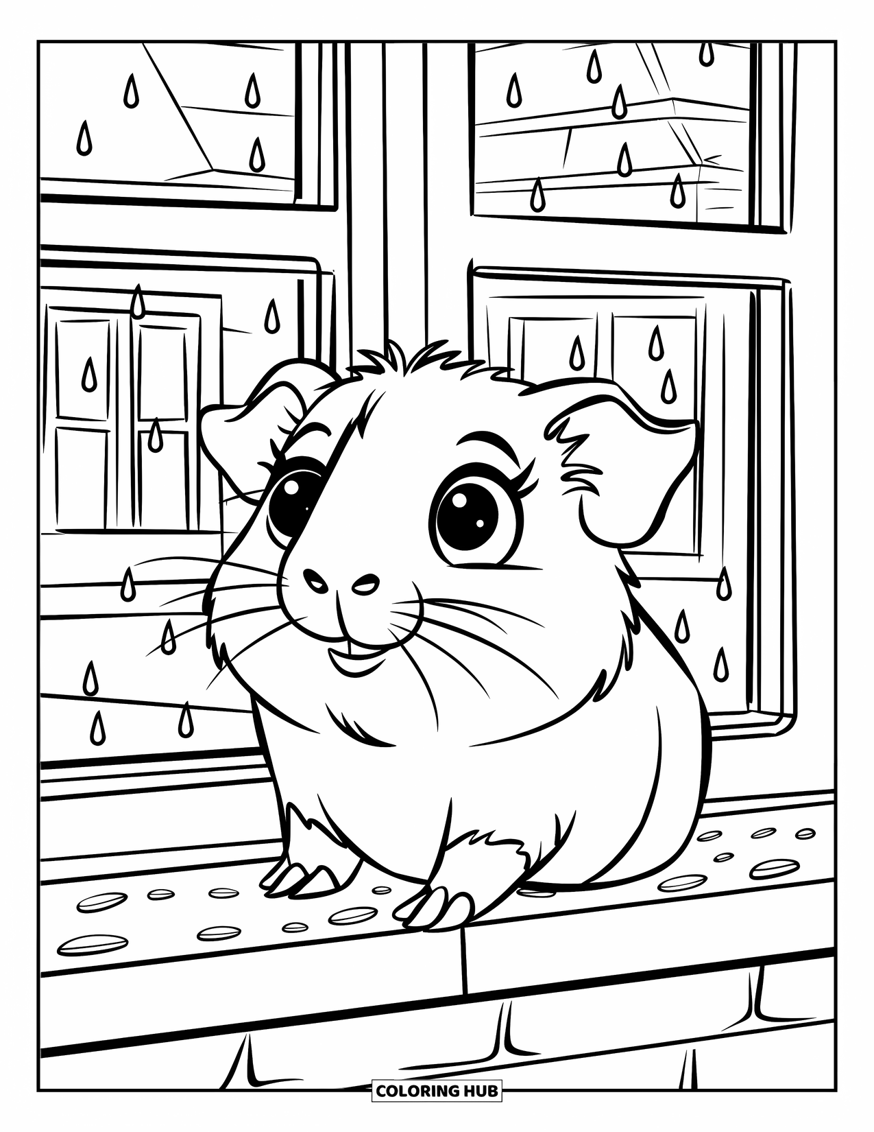 Desenho de Porquinho-da-Índia para Crianças: Porquinho-da-índia curioso observa as gotas de chuva caindo do lado de fora da janela
