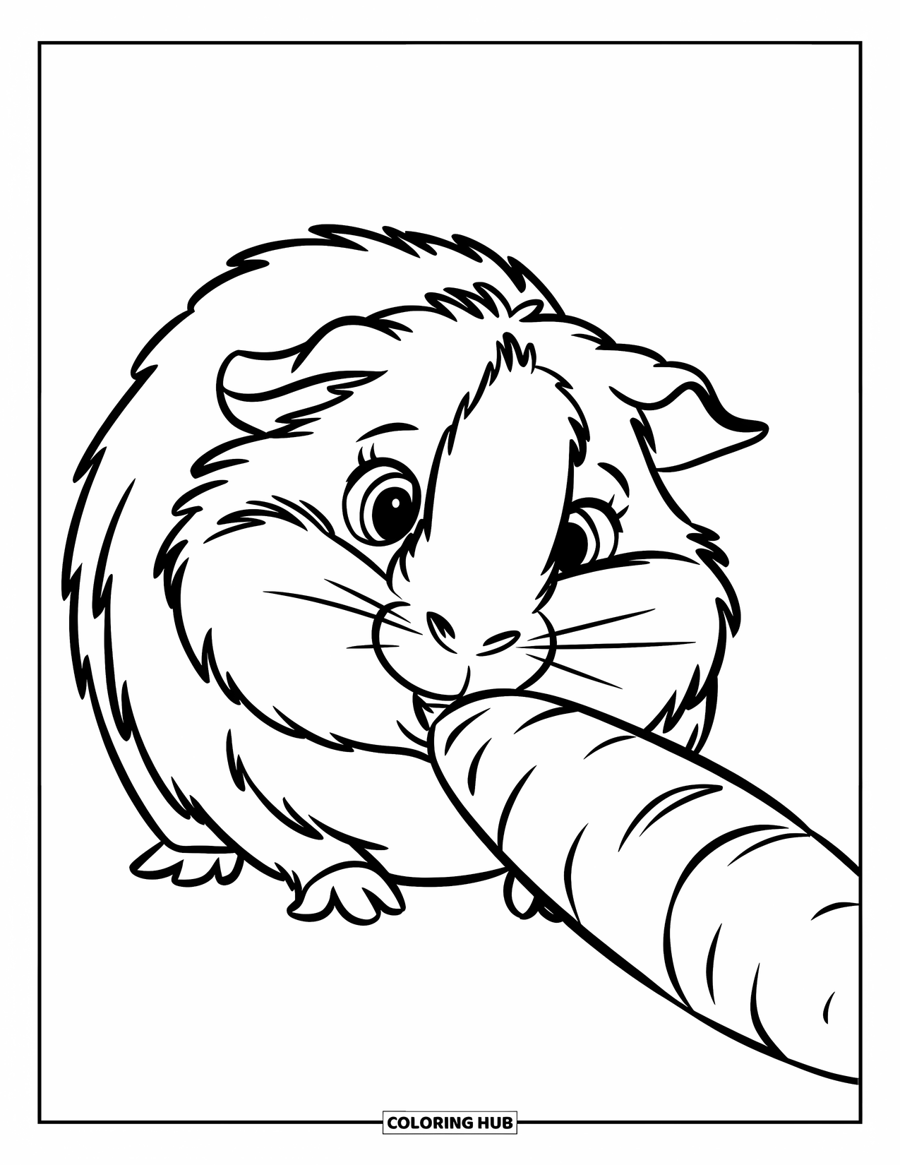 Desenho de Porquinho-da-Índia para Crianças: Porquinho-da-índia fofo desfruta de uma cenoura enorme quase tão alta quanto ele