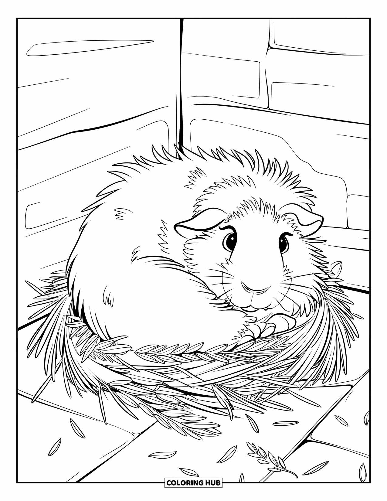 Desenho de Porquinho-da-Índia para Crianças: Porquinho-da-índia fofo aconchega-se em uma bola de feno e ervas ao lado de uma parede branca