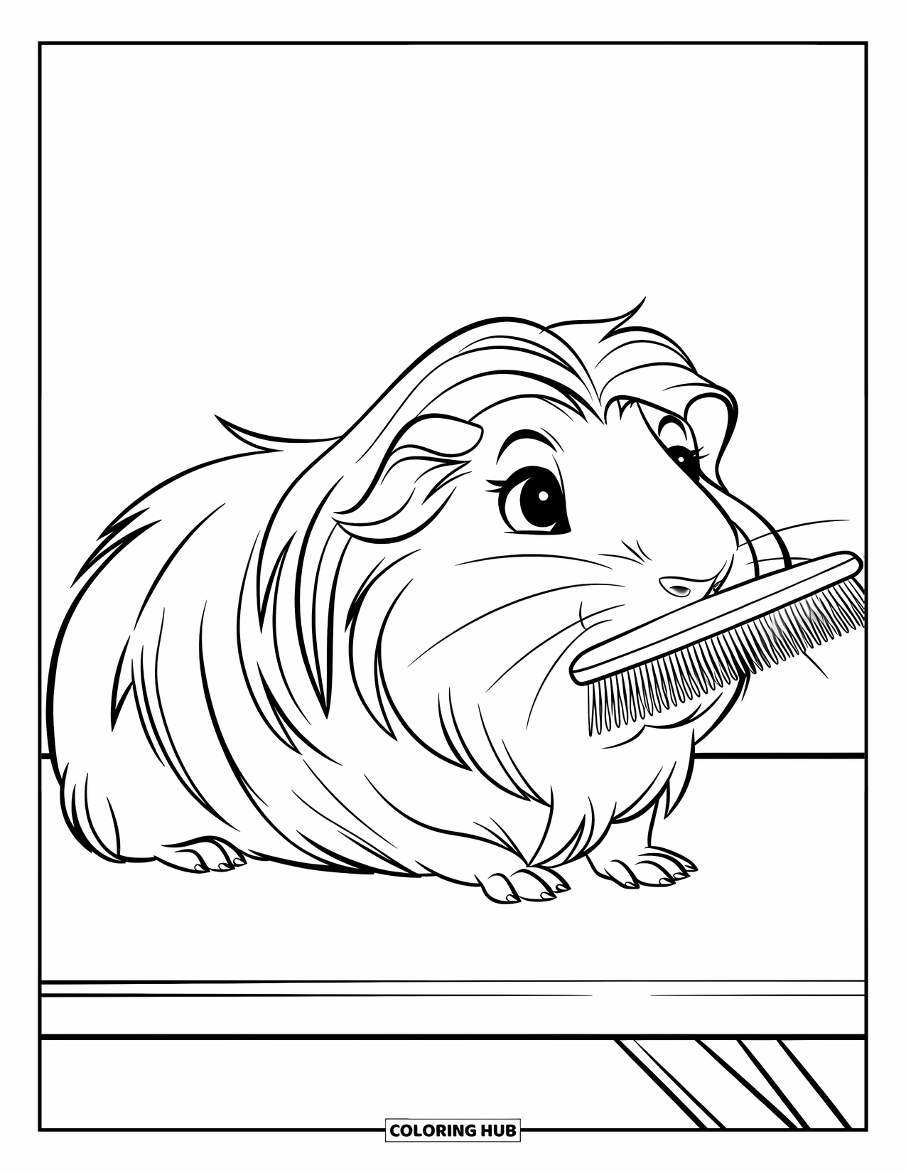 Desenho de Porquinho-da-Índia para Crianças: Menina escova um porquinho-da-índia de pelo comprido suavemente em uma mesa de tosa