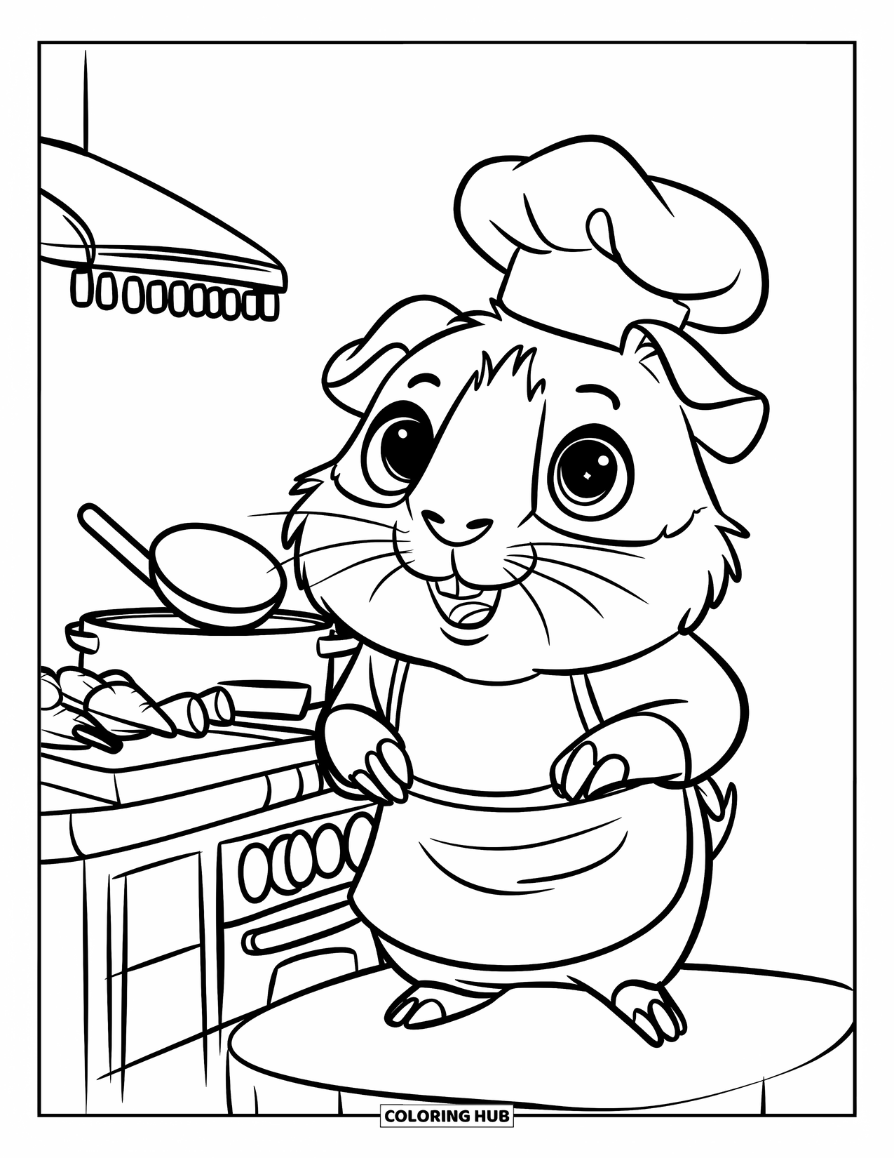 Desenho de Porquinho-da-Índia para Crianças: Porquinho-da-índia chef fica em uma mesa de cozinha com uma panela de cenouras picadas