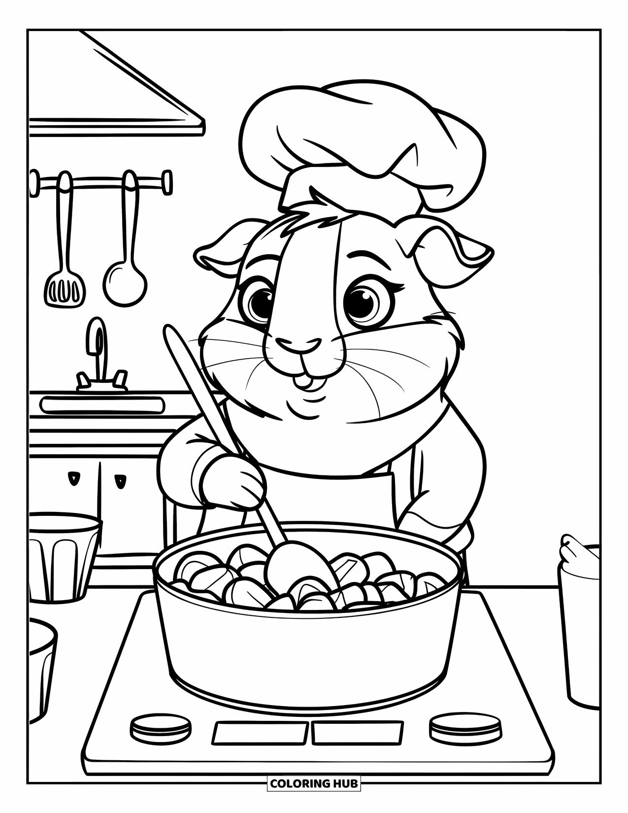 Desenho de Porquinho-da-Índia para Crianças: Porquinho-da-índia chef mexe uma panela cheia de cenoura em uma mini cozinha aconchegante