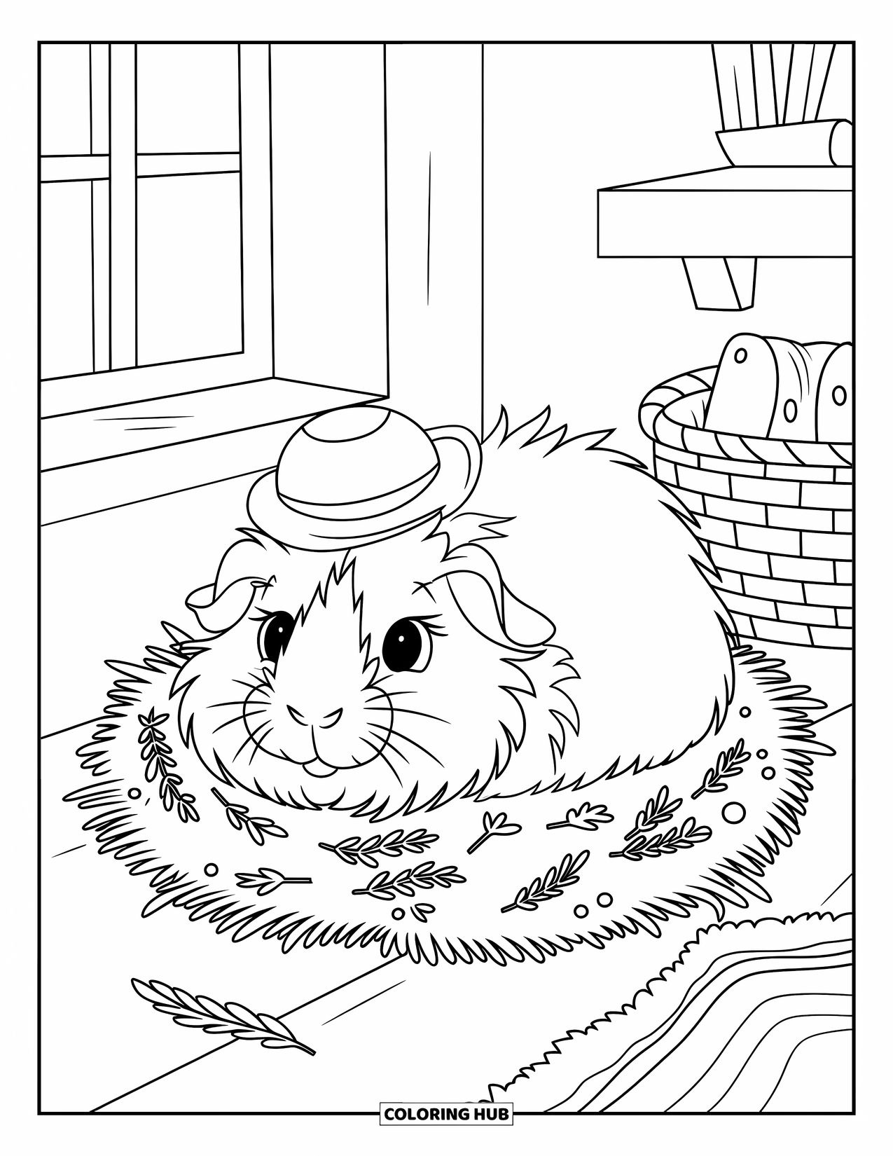 Desenho de Porquinho-da-Índia para Crianças: Porquinho-da-índia enrolado em ninho de feno com ervas descansa em um pequeno quarto aconchegante