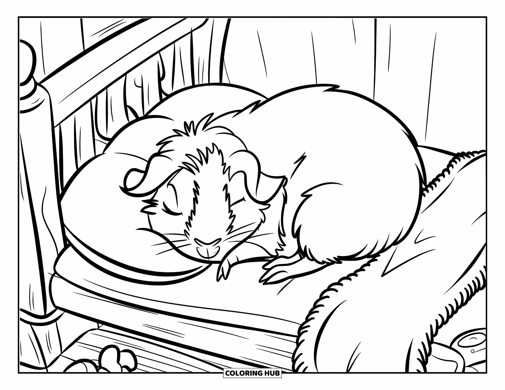 Desenho de Porquinho-da-Índia para Crianças: Porquinho-da-índia enrola-se em uma cama macia com travesseiros e brinquedos por perto