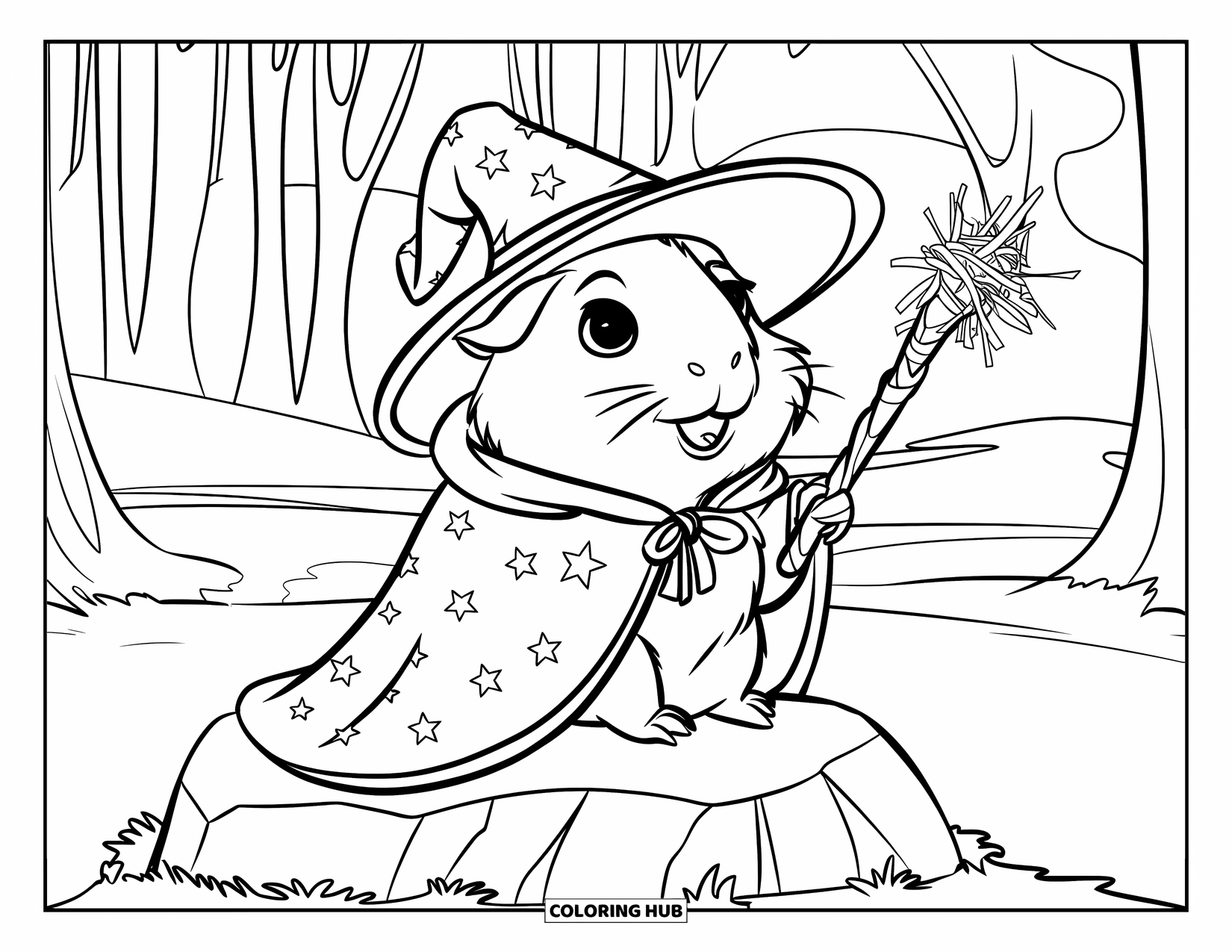 Desenho de Porquinho-da-Índia para Crianças: Porquinho-da-índia vestido de mago senta-se em uma pedra em uma floresta mágica