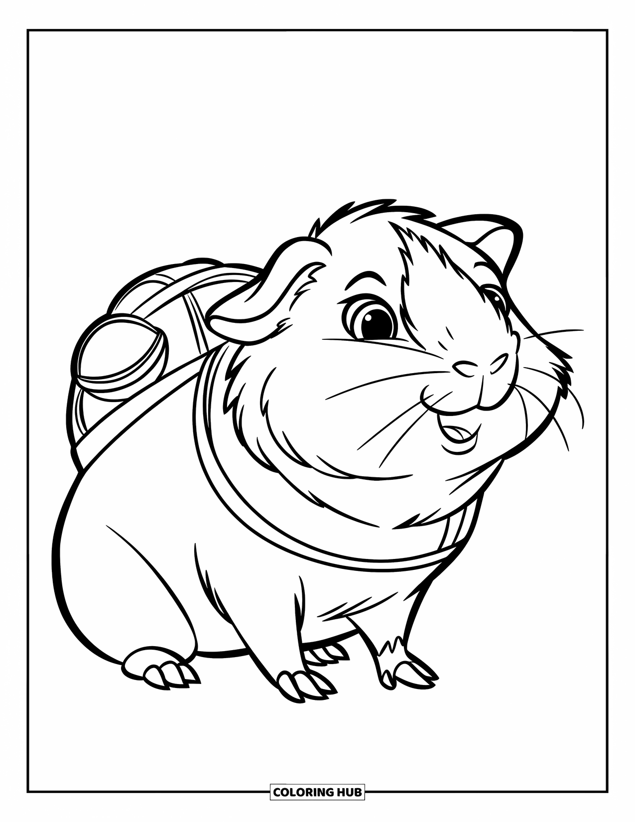 Desenho de Porquinho-da-Índia para Crianças: Porquinho-da-índia explorador fica em pé com uma mochila, pronto para a aventura