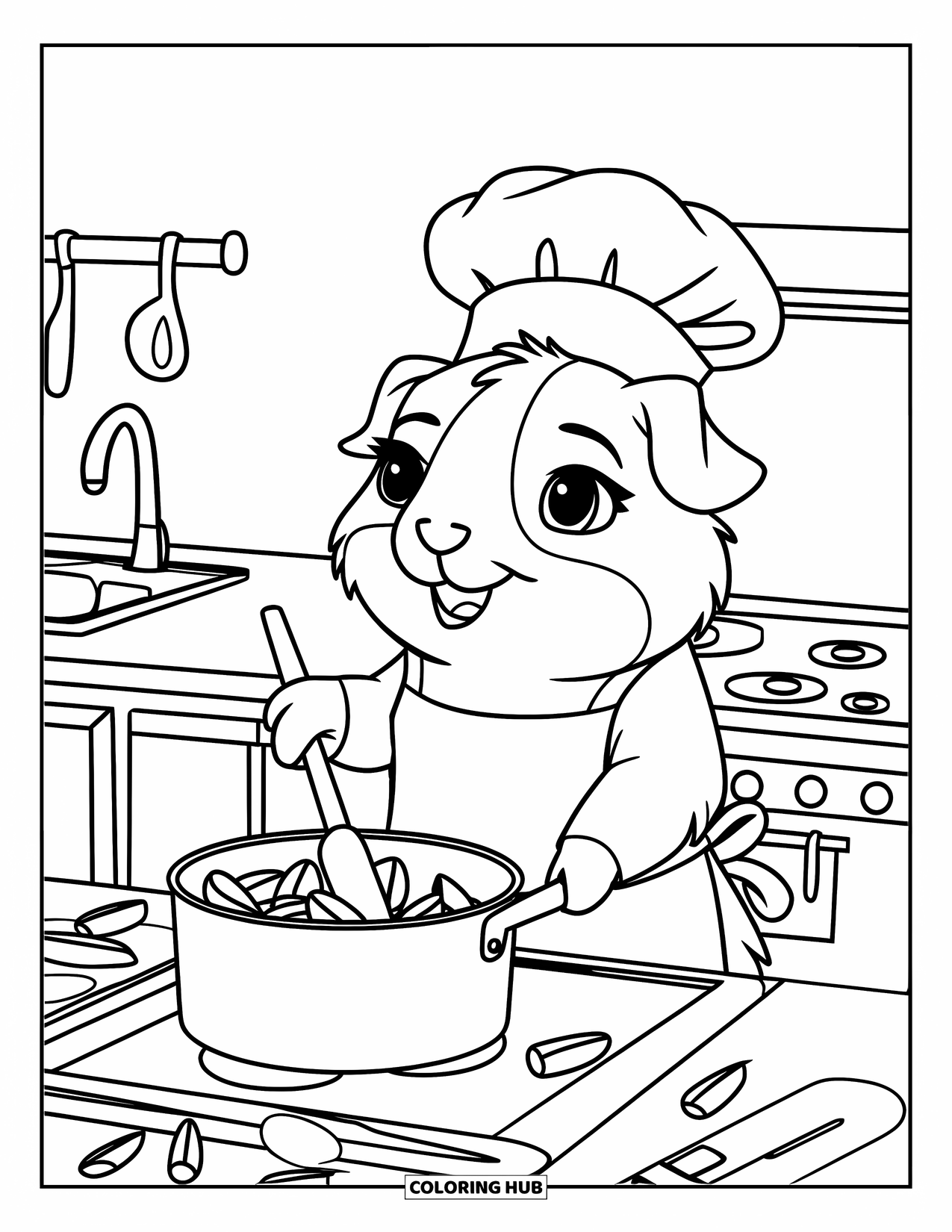 Desenho de Porquinho-da-Índia para Crianças: Porquinho-da-índia com um chapéu de chef cozinha cenouras picadas em uma pequena cozinha