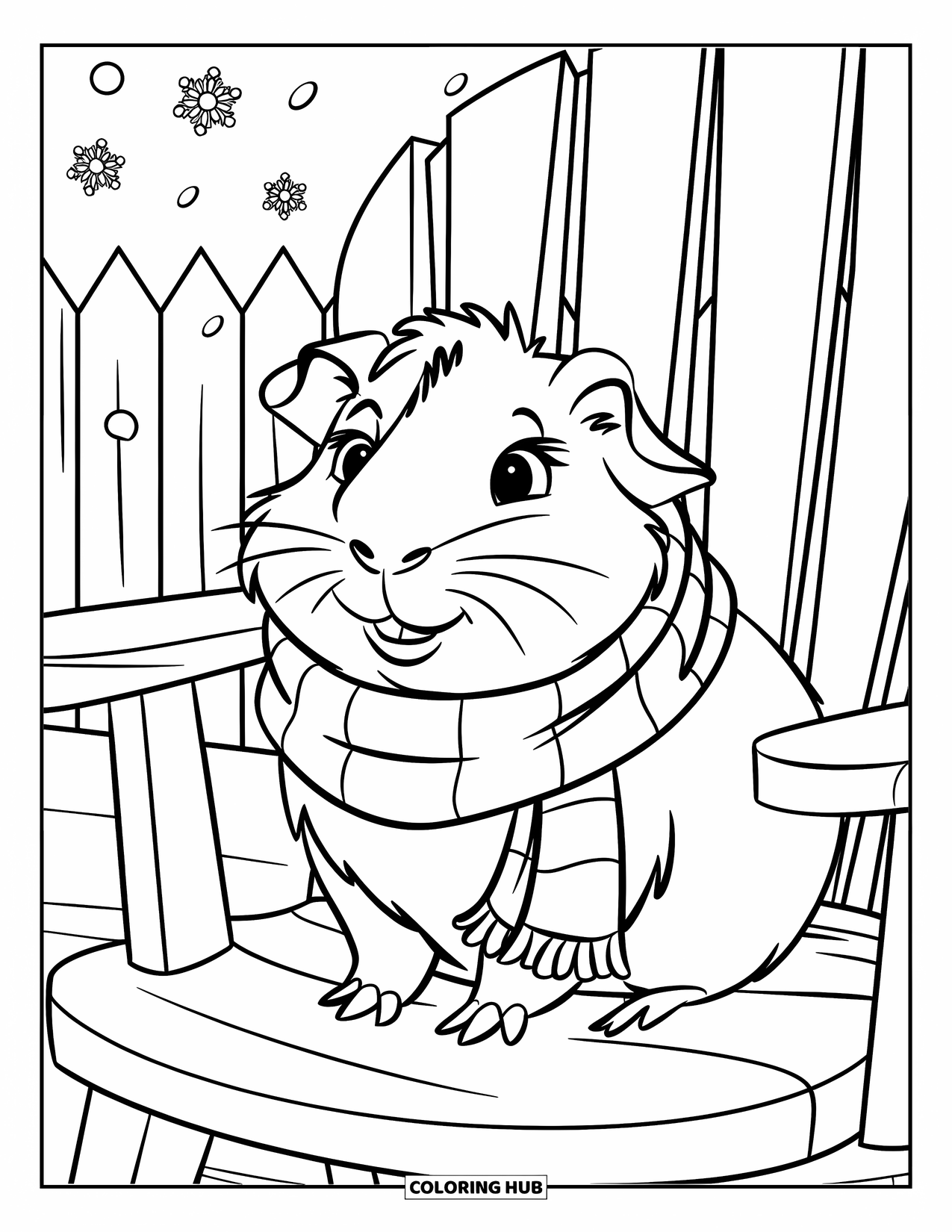 Desenho de Porquinho-da-Índia para Crianças: Porquinho-da-índia com um cachecol aconchegante senta-se em uma cadeira de madeira enquanto flocos de neve caem suavemente