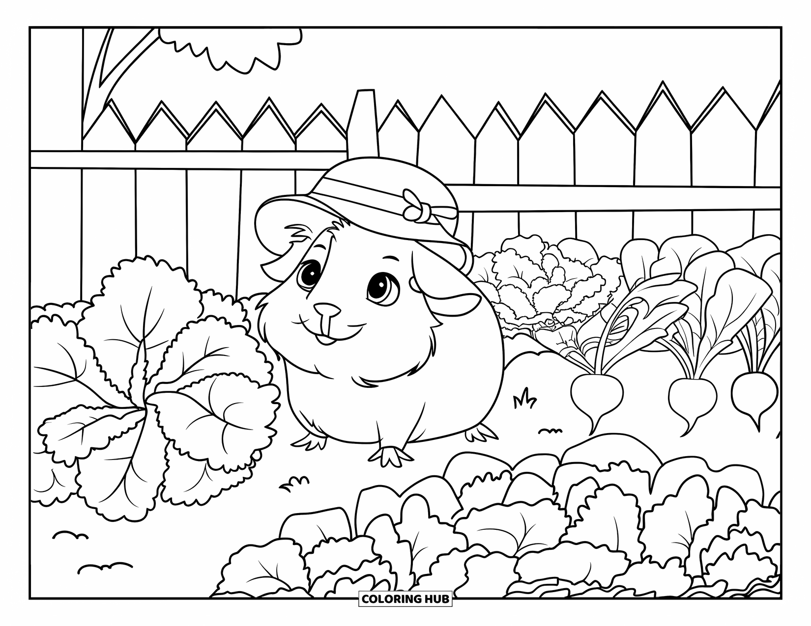 Desenho de Porquinho-da-Índia para Crianças: Porquinho-da-índia com um chapéu fofo senta-se em um banco em um jardim cheio de vegetais