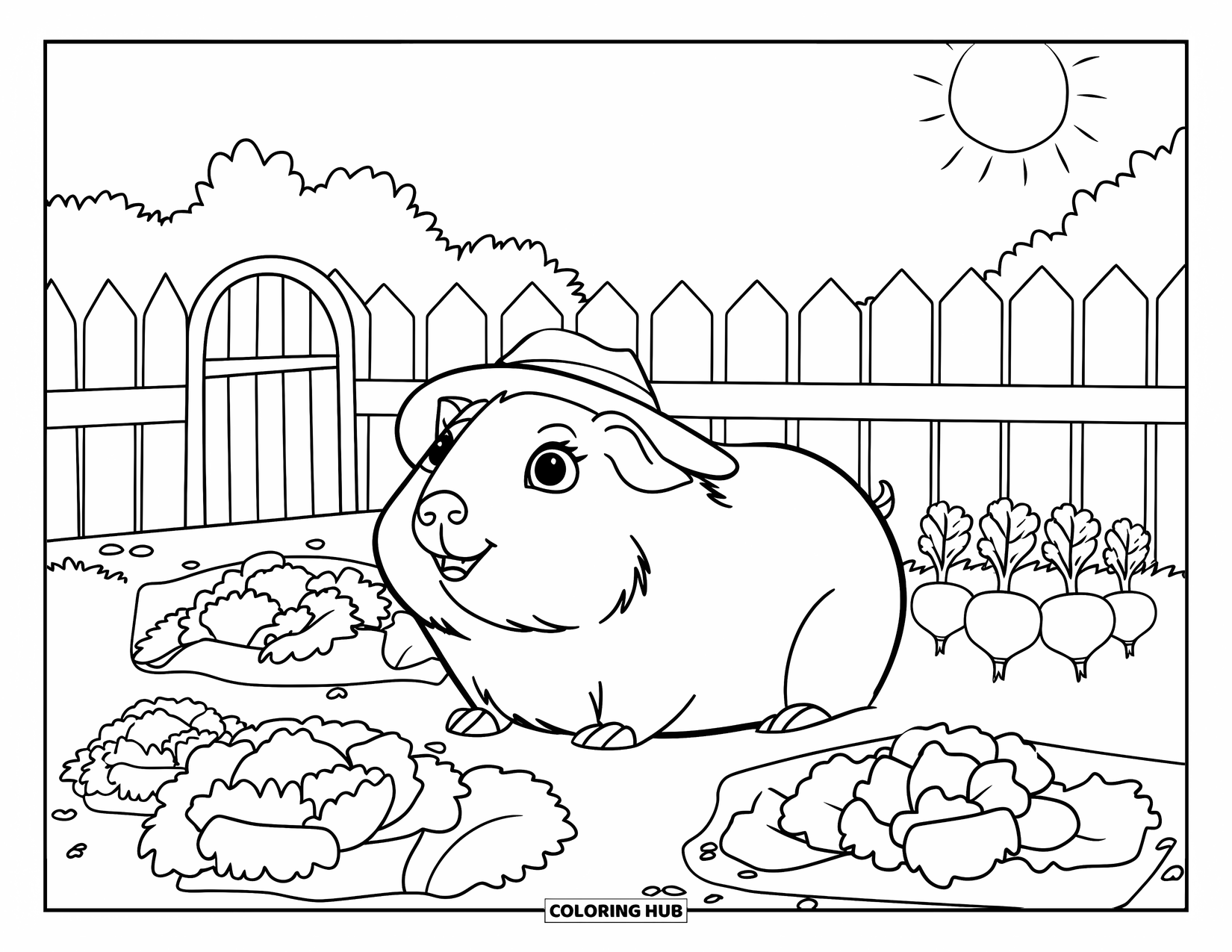 Desenho de Porquinho-da-Índia para Crianças: Porquinho-da-índia com um chapéu verde senta-se entre alfaces e rabanetes em um canteiro de jardim