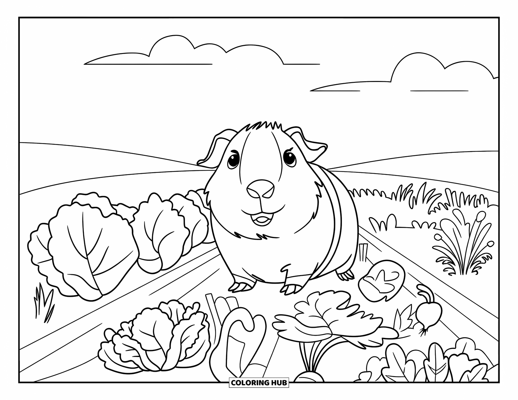 Desenho de Porquinho-da-Índia para Crianças: Porquinho-da-índia com uma roupa verde descansa em um jardim com vegetais folhosos e céu azul