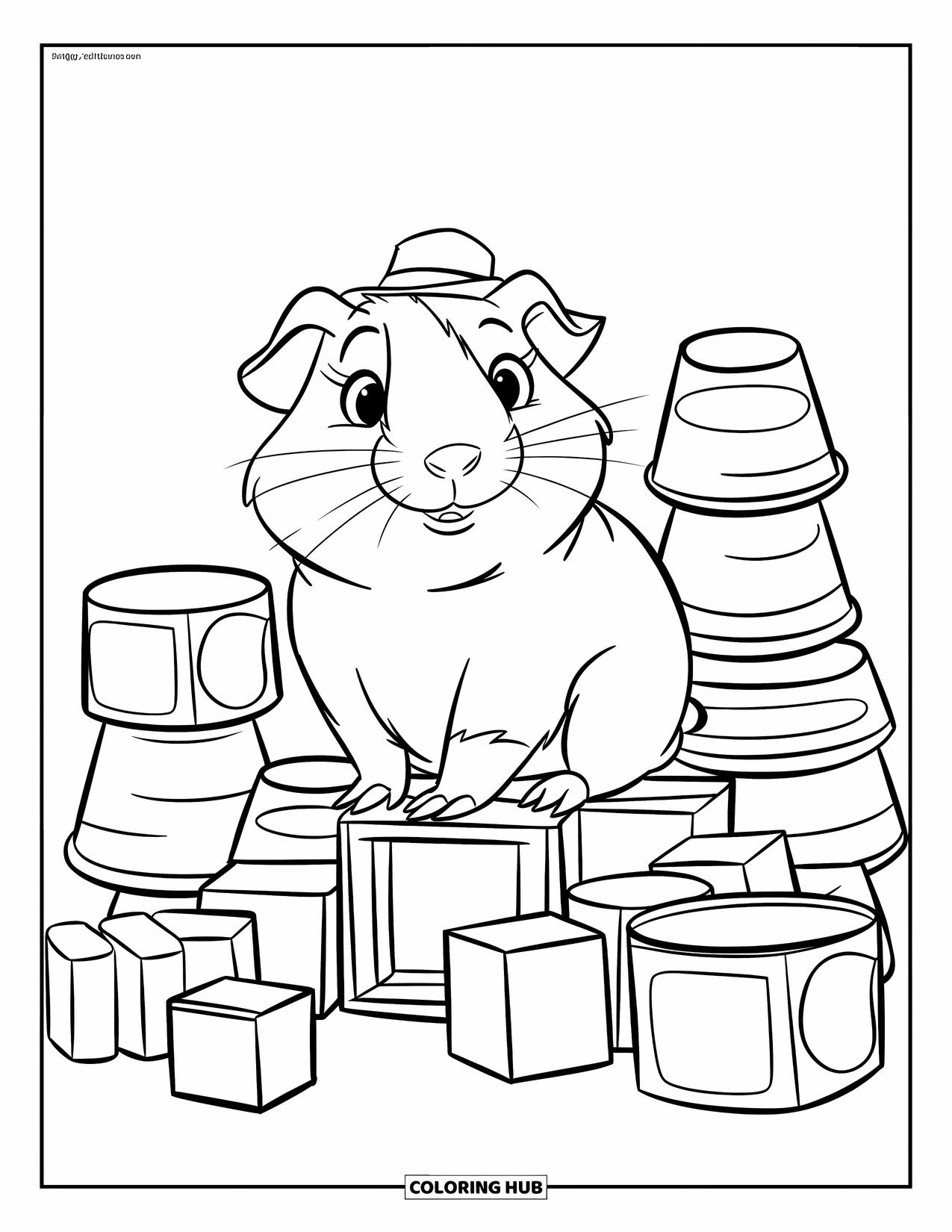 Desenho de Porquinho-da-Índia para Crianças: Porquinho-da-índia com um chapéu pequeno brinca com blocos e copos de empilhar