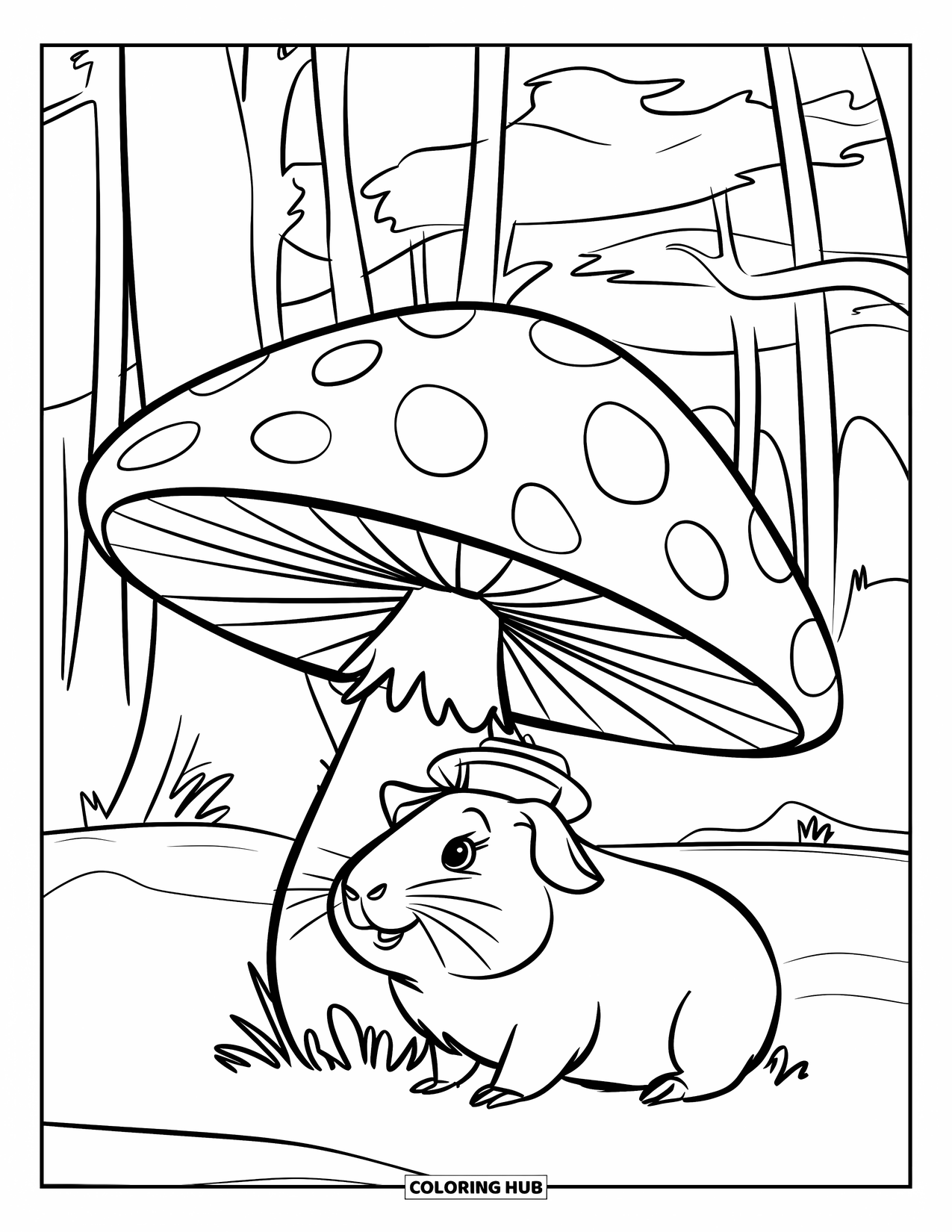 Desenho de Porquinho-da-Índia para Crianças: Porquinho-da-índia com um chapéu pequeno descansa sob um cogumelo gigante na floresta