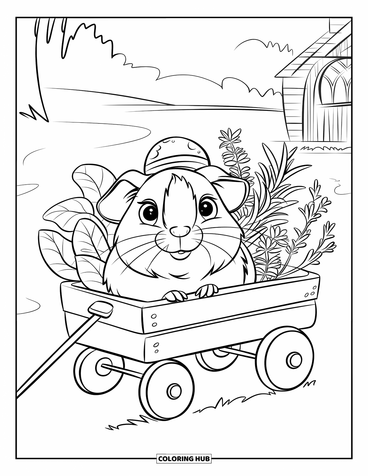 Desenho de Porquinho-da-Índia para Crianças: Porquinho-da-índia em uma pequena carroça cheia de ervas desfruta de uma cena campestre calma