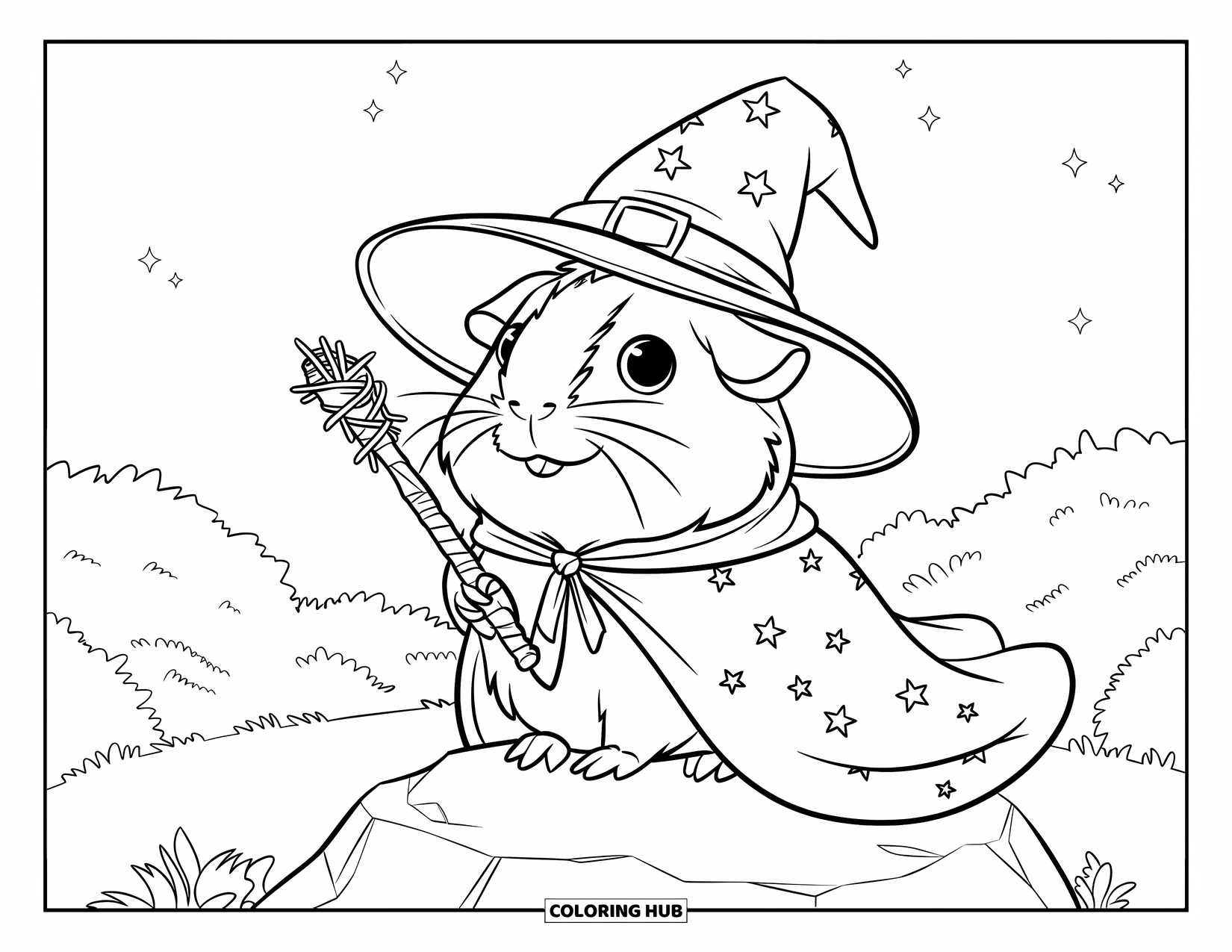 Desenho de Porquinho-da-Índia para Crianças: Porquinho-da-índia com um chapéu pontudo e capa senta-se em uma pedra sob um céu estrelado