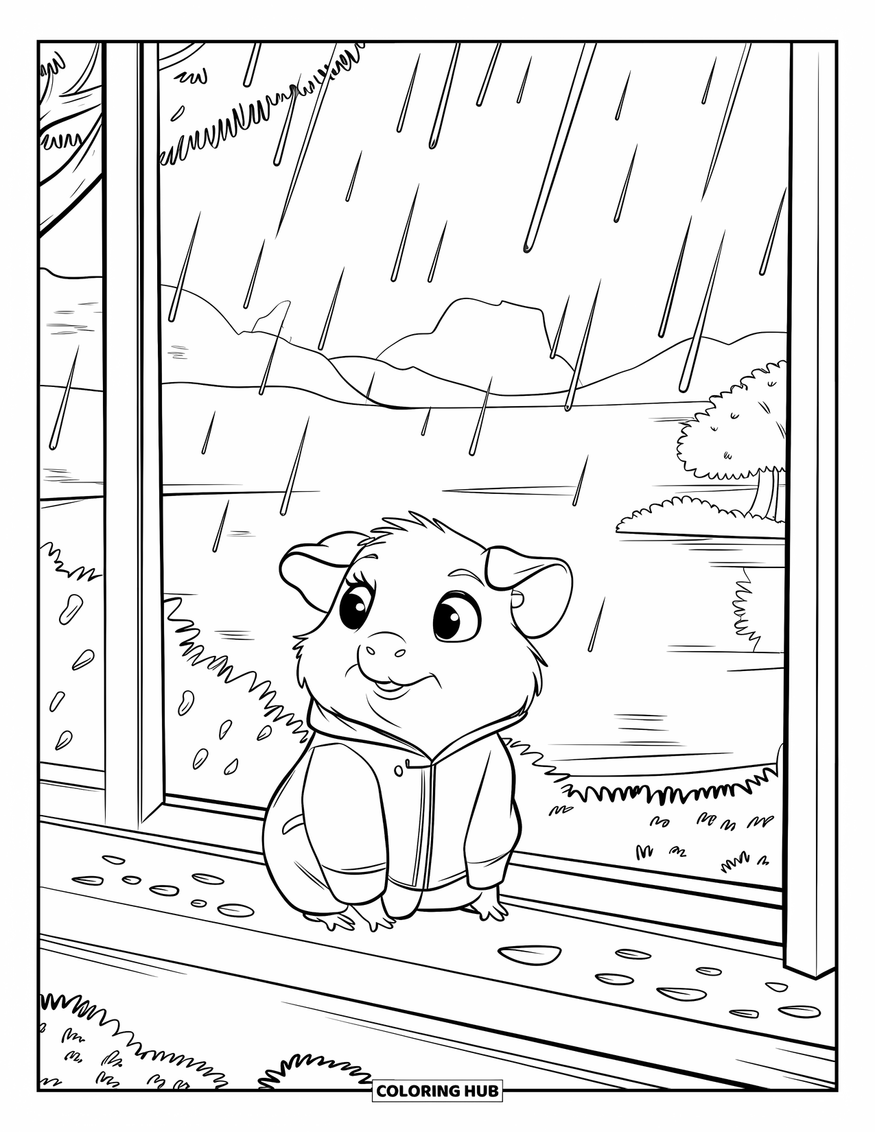 Desenho de Porquinho-da-Índia para Crianças: Porquinho-da-índia de capa de chuva observa as gotas de chuva de um parapeito aconchegante