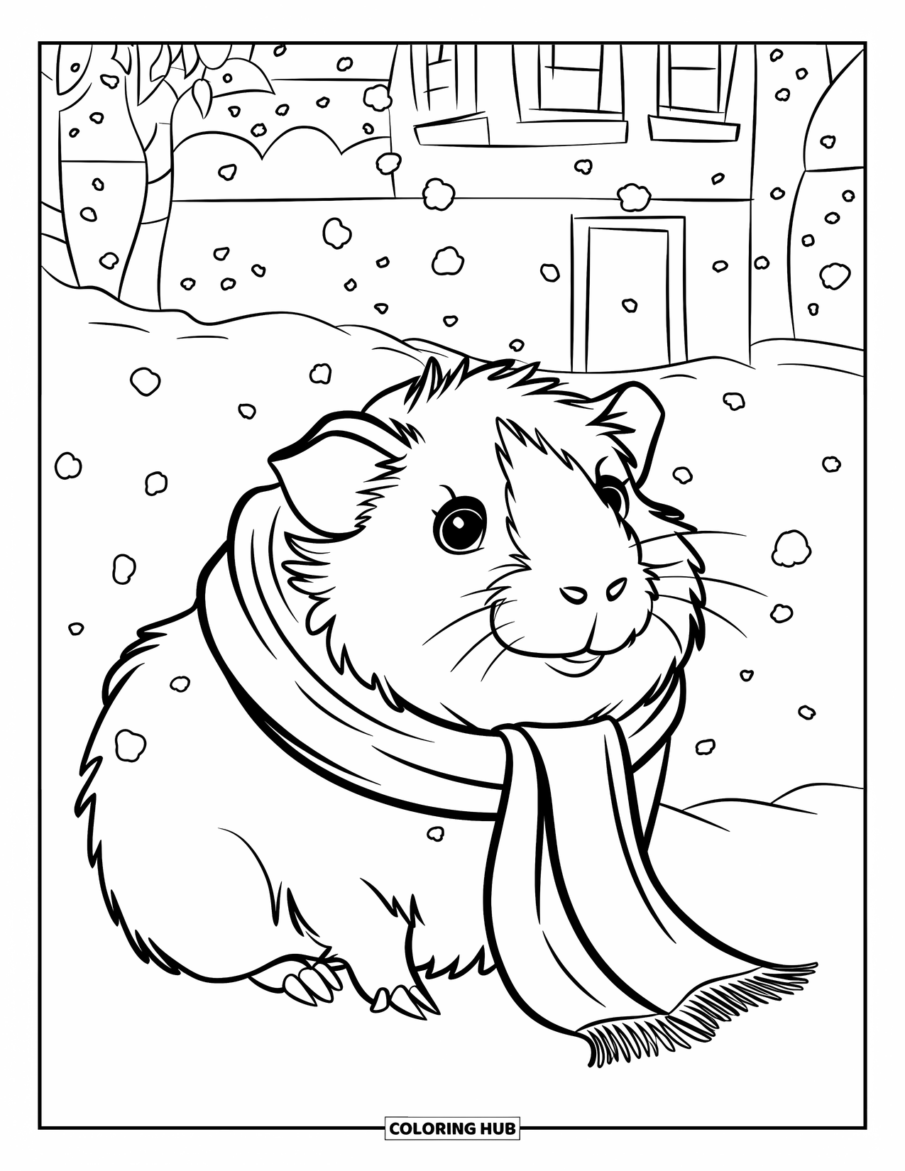 Desenho de Porquinho-da-Índia para Crianças: Porquinho-da-índia com um cachecol desfruta de uma suave queda de neve em uma cena de inverno pacífica