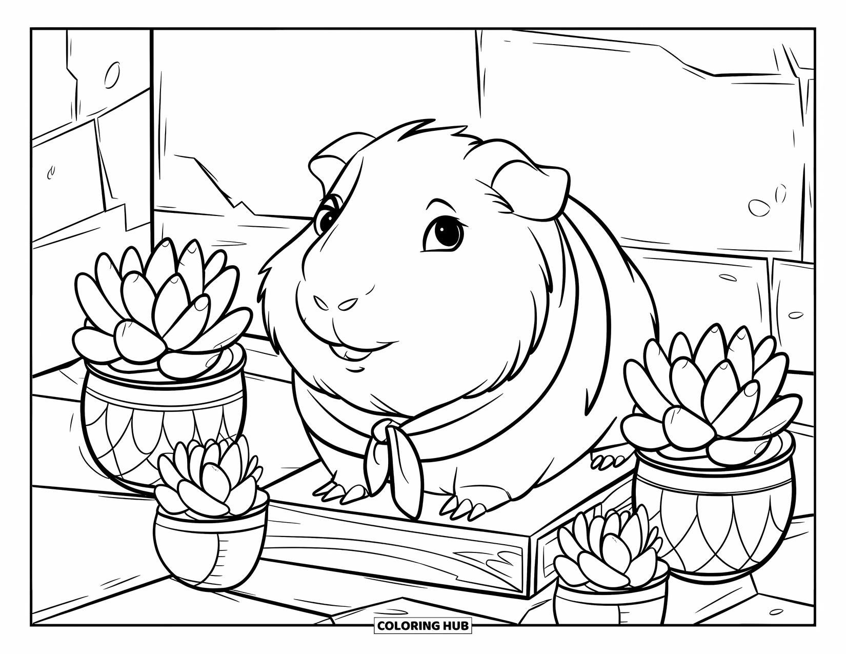 Desenho de Porquinho-da-Índia para Crianças: Porquinho-da-índia com um cachecol senta-se em uma plataforma de madeira cercada por suculentas em vasos fofos