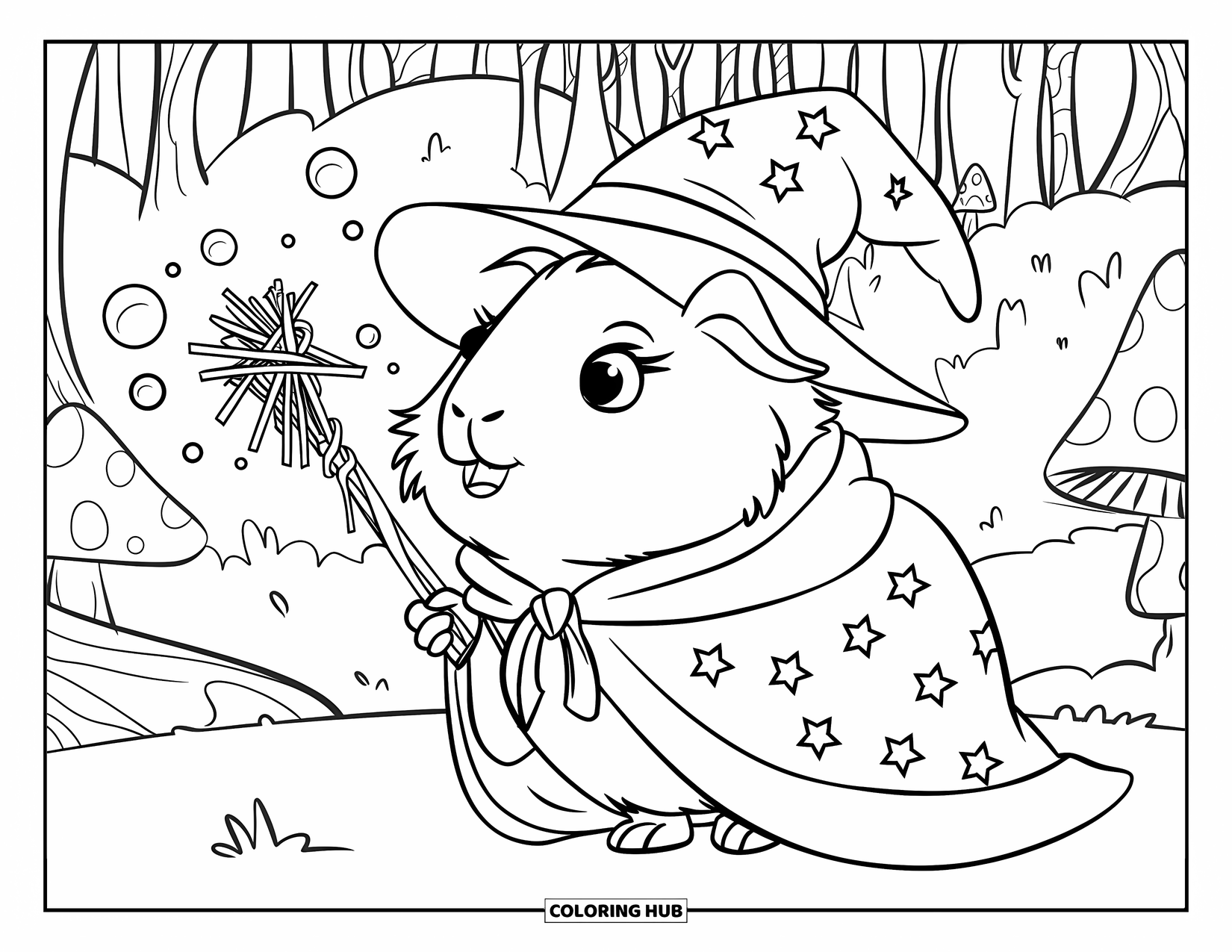 Desenho de Porquinho-da-Índia para Crianças: Porquinho-da-índia em uma capa estrelada segura uma varinha de feno em uma floresta com bolhas brilhantes