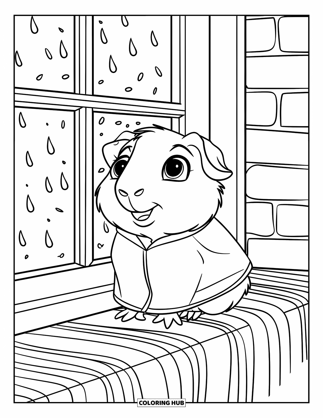 Desenho de Porquinho-da-Índia para Crianças: Porquinho-da-índia com um casaco pequeno senta-se perto da janela e observa a chuva