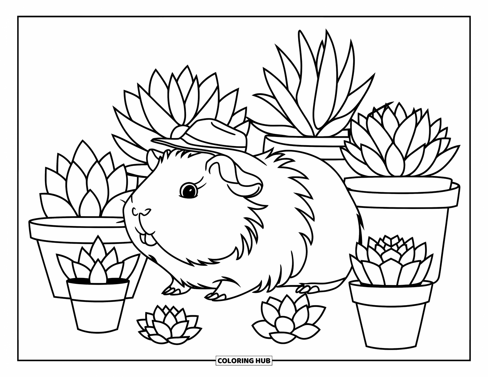 Desenho de Porquinho-da-Índia para Crianças: Porquinho-da-índia com um chapéu pequeno é cercado por suculentas em pequenos vasos decorativos