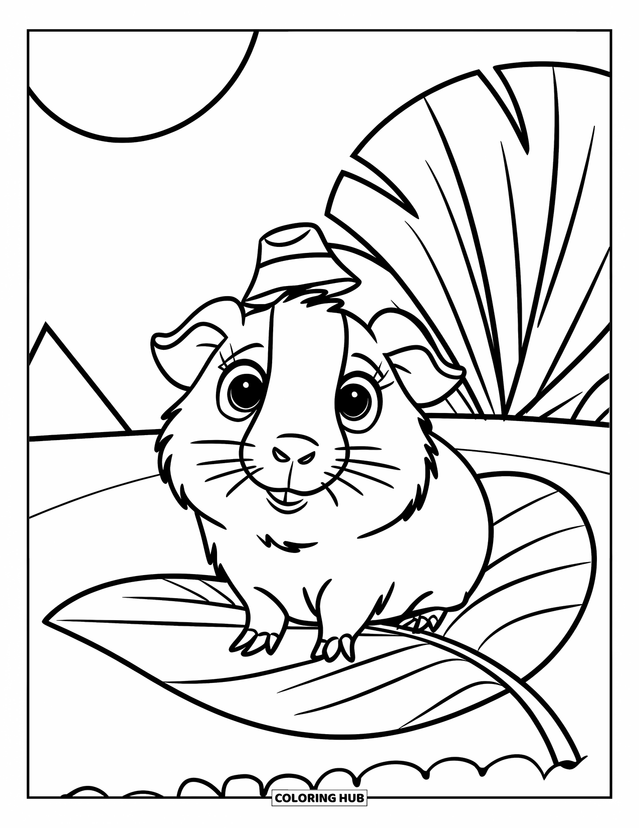 Desenho de Porquinho-da-Índia para Crianças: Porquinho-da-índia com um chapéu pequeno descansa em uma folha nervurada com formas divertidas ao redor