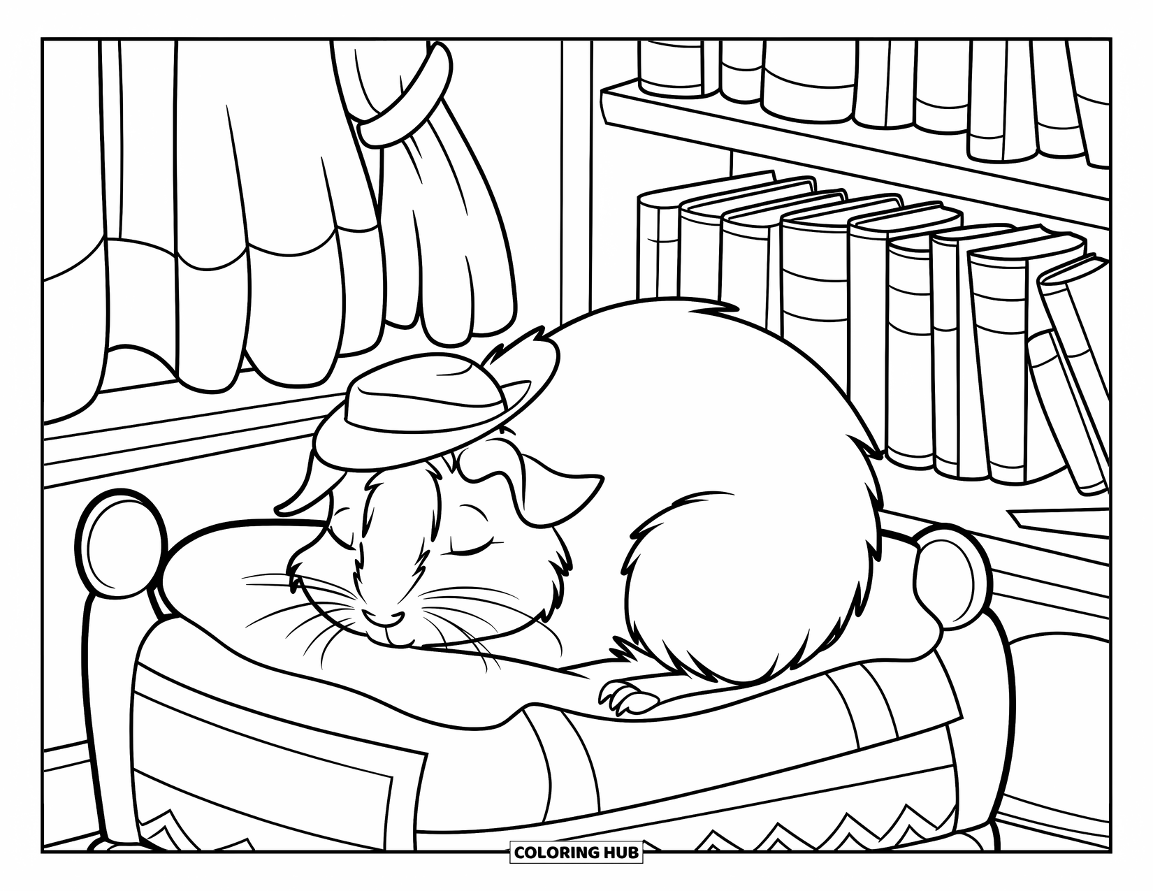 Desenho de Porquinho-da-Índia para Crianças: Porquinho-da-índia com um chapéu pequeno dorme em uma cama cercada por livros e travesseiros macios