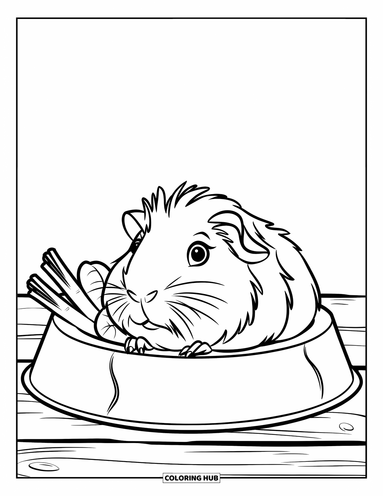 Desenho de Porquinho-da-Índia para Crianças: Porquinho-da-índia relaxa em uma tigela de vegetais colocada em uma superfície de madeira