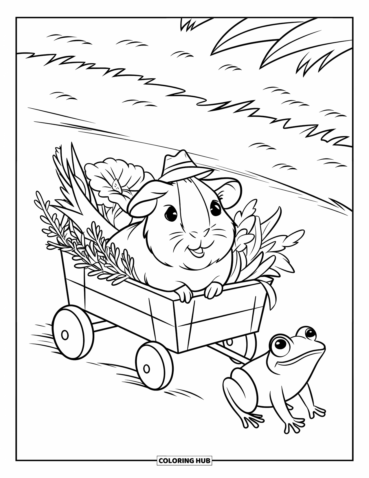 Desenho de Porquinho-da-Índia para Crianças: Porquinho-da-índia anda em uma carroça cheia de ervas enquanto um sapo a puxa por um campo