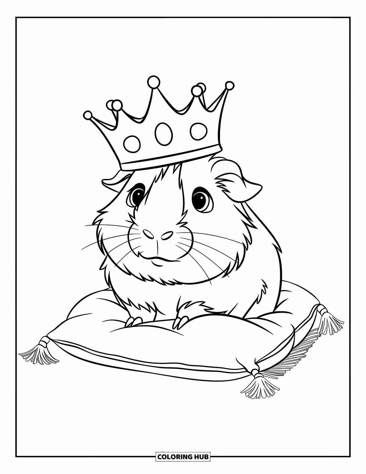 Desenho de Porquinho-da-Índia para Crianças: Realeza de porquinho-da-índia descansa em um travesseiro com borlas com olhos grandes e expressivos