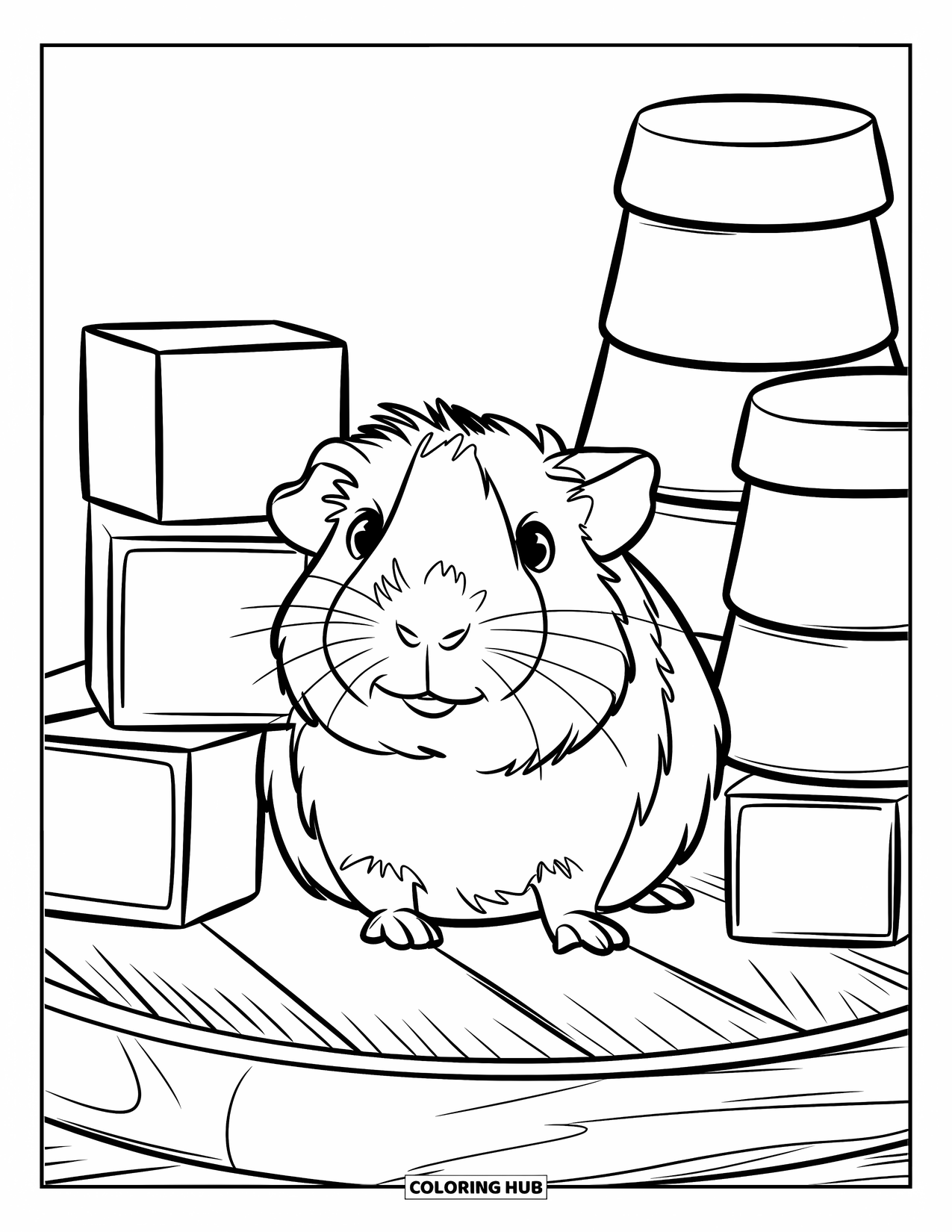 Desenho de Porquinho-da-Índia para Crianças: Porquinho-da-índia senta-se entre blocos de brinquedo e copos de empilhar coloridos