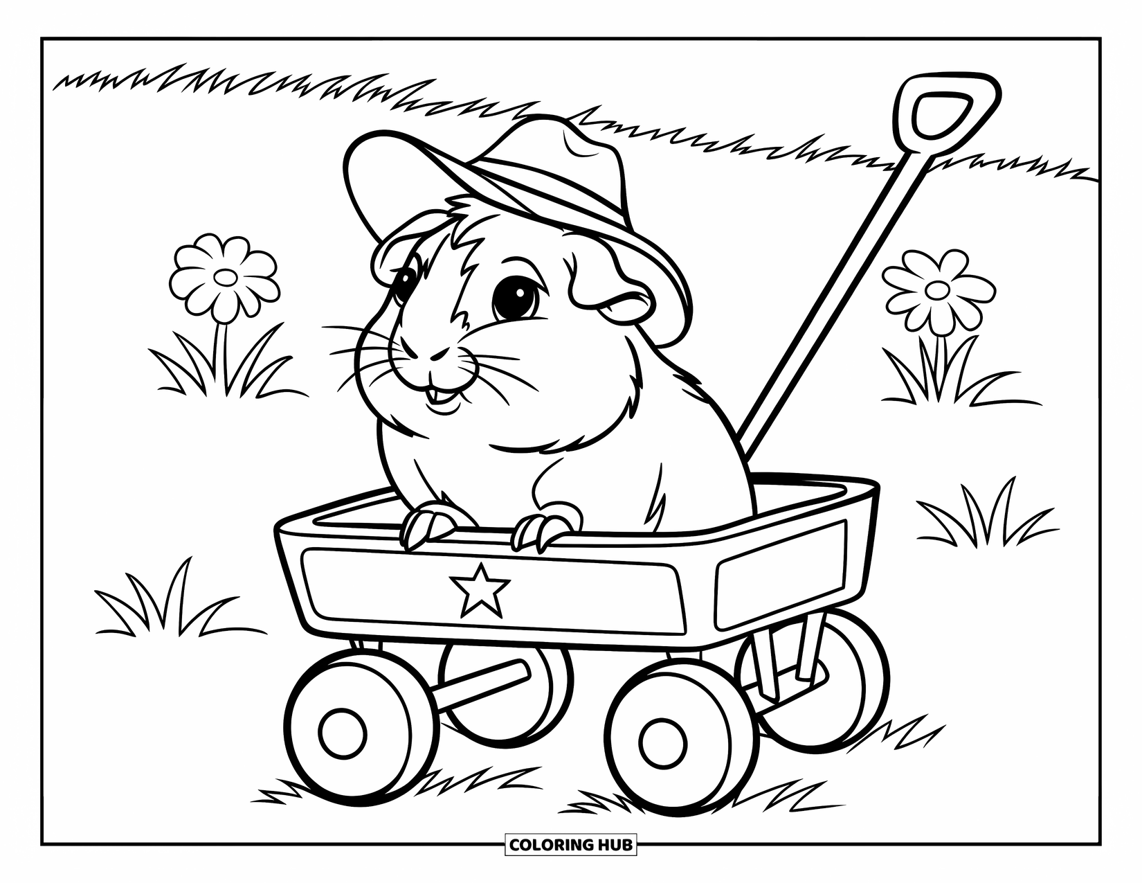 Desenho de Porquinho-da-Índia para Crianças: Porquinho-da-índia senta-se em uma carroça com uma estrela, cercado por flores