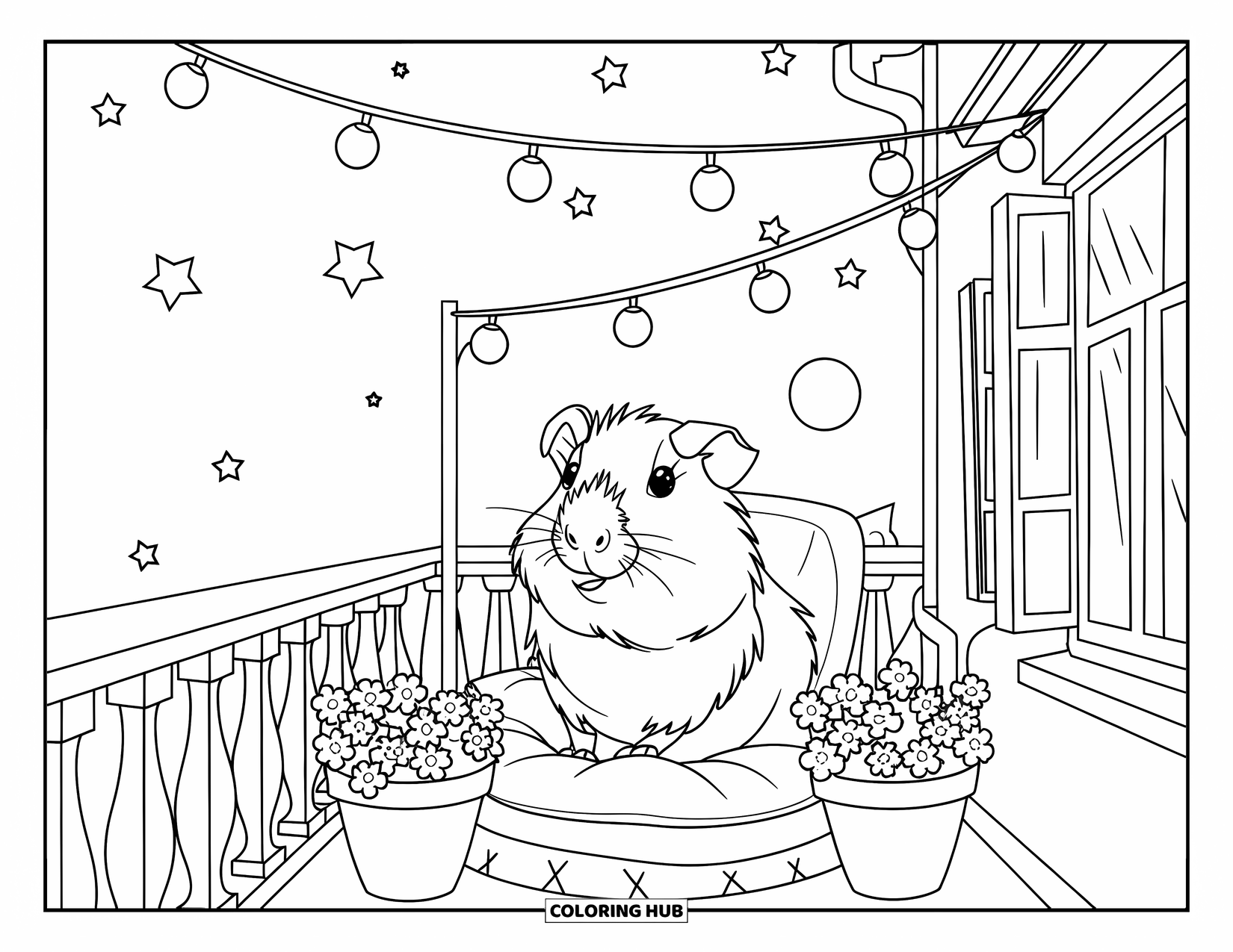 Desenho de Porquinho-da-Índia para Crianças: Porquinho-da-índia senta-se em uma varanda sob luzes de fadas com estrelas, lua e vasos de plantas